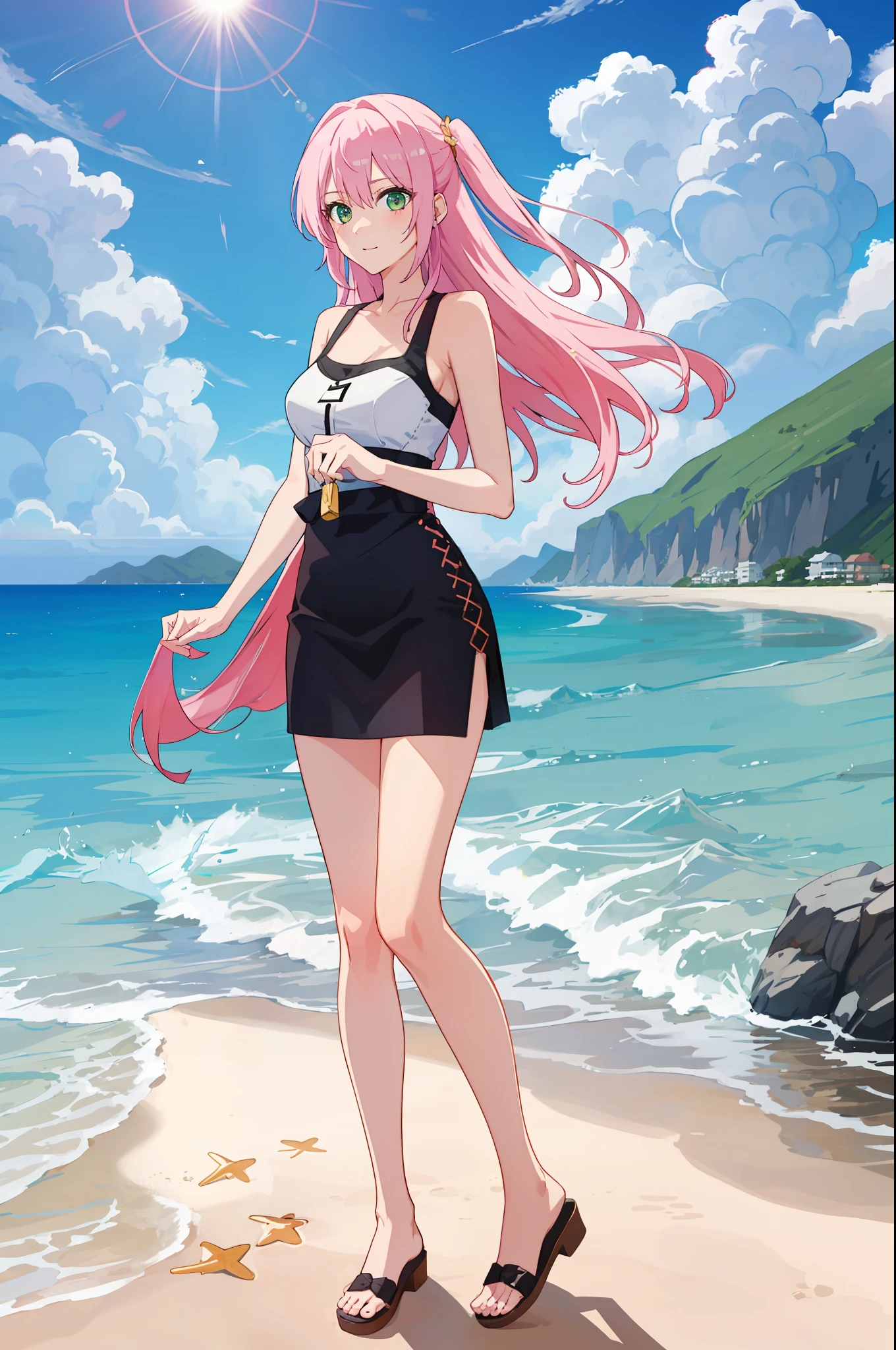 shikimori, medium breast, slim legs, sunny day, Beach, standing, beautiful eyes, green eyes, nervous