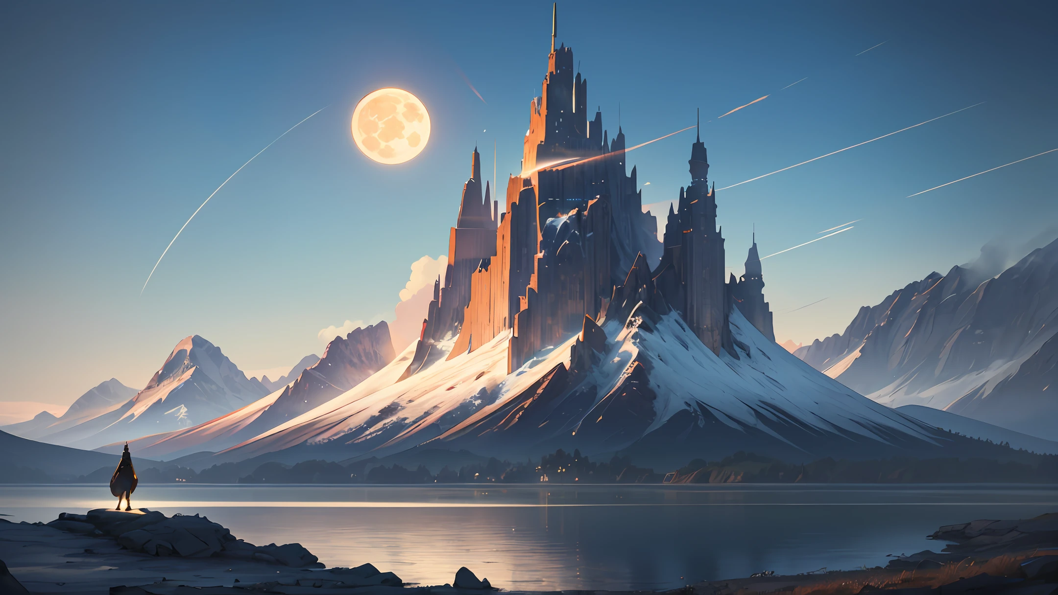 mountains and a lake with a moon in the sky, 4k highly detailed digital art, 4 k hd wallpaper very detailed, impressive fantasy landscape, sci-fi fantasy desktop wallpaper, unreal engine 4k wallpaper, 4k detailed digital art, sci-fi fantasy wallpaper, epic dreamlike fantasy landscape, 4k hd matte digital painting, 8k stunning artwork