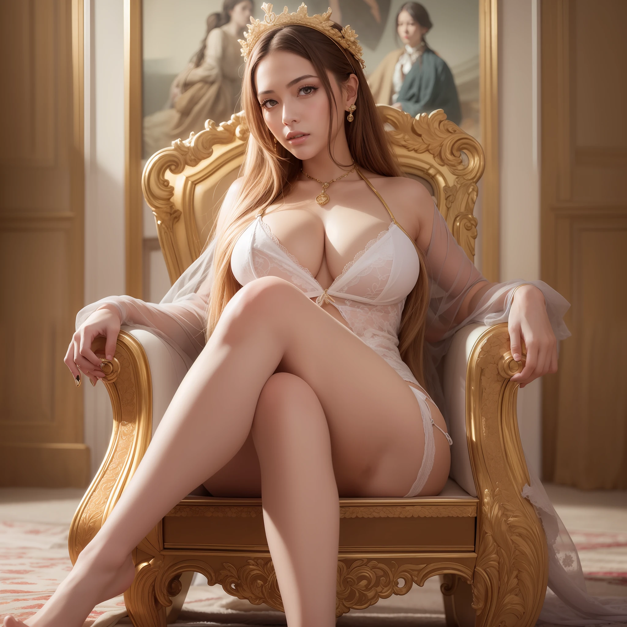 from below, a super beautiful woman with mysterious sharp slit eyes, who sits in a luxurious chair and casts a condescending cold gaze, barefoot toes and soles, White glossy side updo braided long hair, huge breasts, great proportion, full body, wearing a cloth with gold embroidery of see-through lace, background royal palace, high resolution, highest quality, super high quality, super detail, ultra realistic, photorealistic