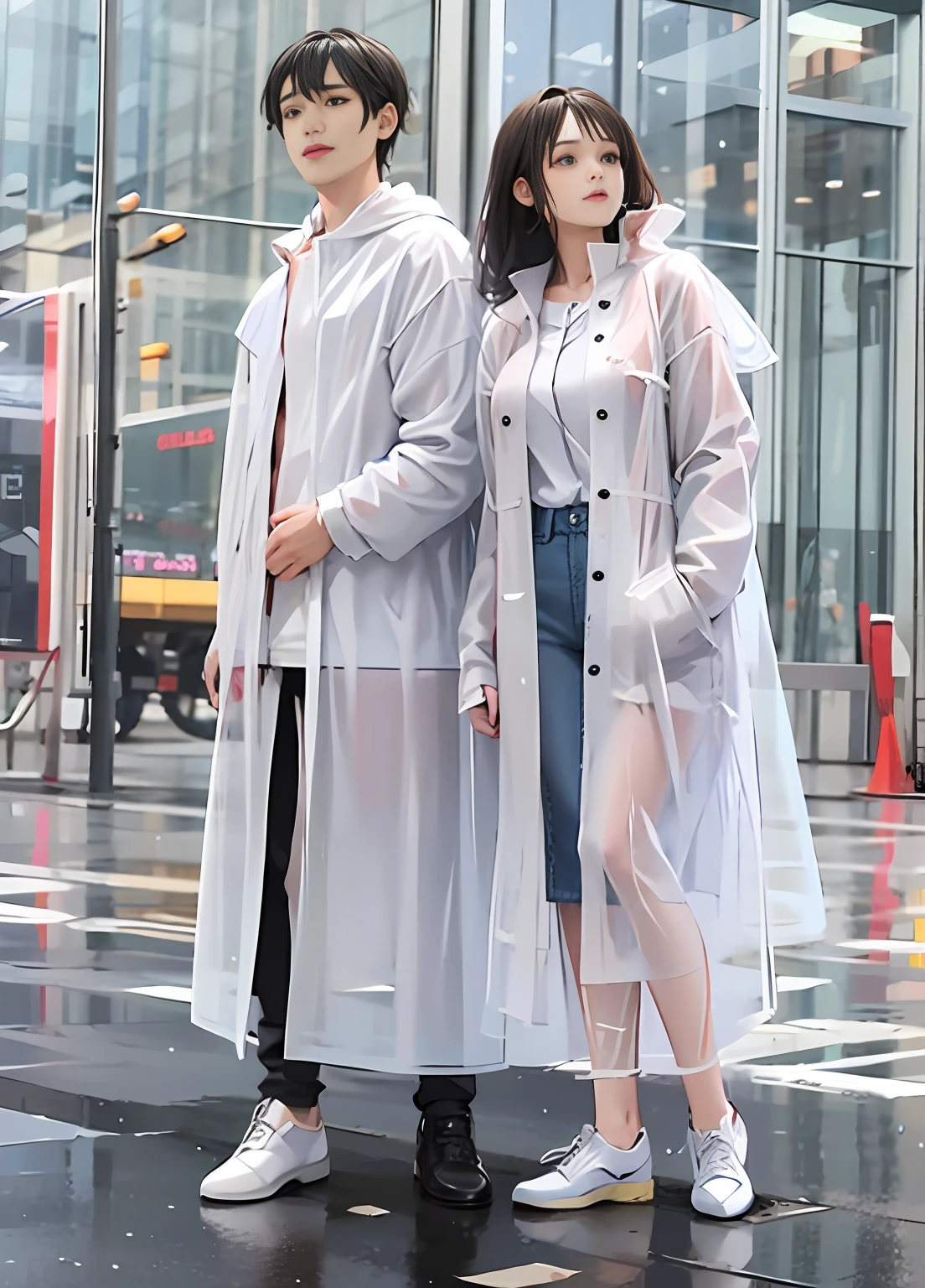 A man and woman stand together, wearing a translucent raincoat, a long translucent white raincoat, delicate facial features, and a rainy background