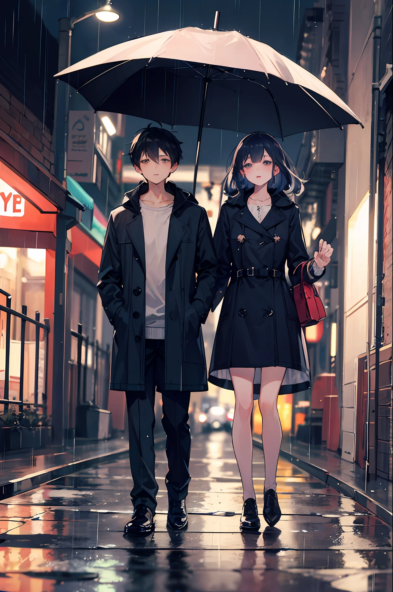 Boy and girl boyfriends walking umbrella hugged,night town,rain,coat