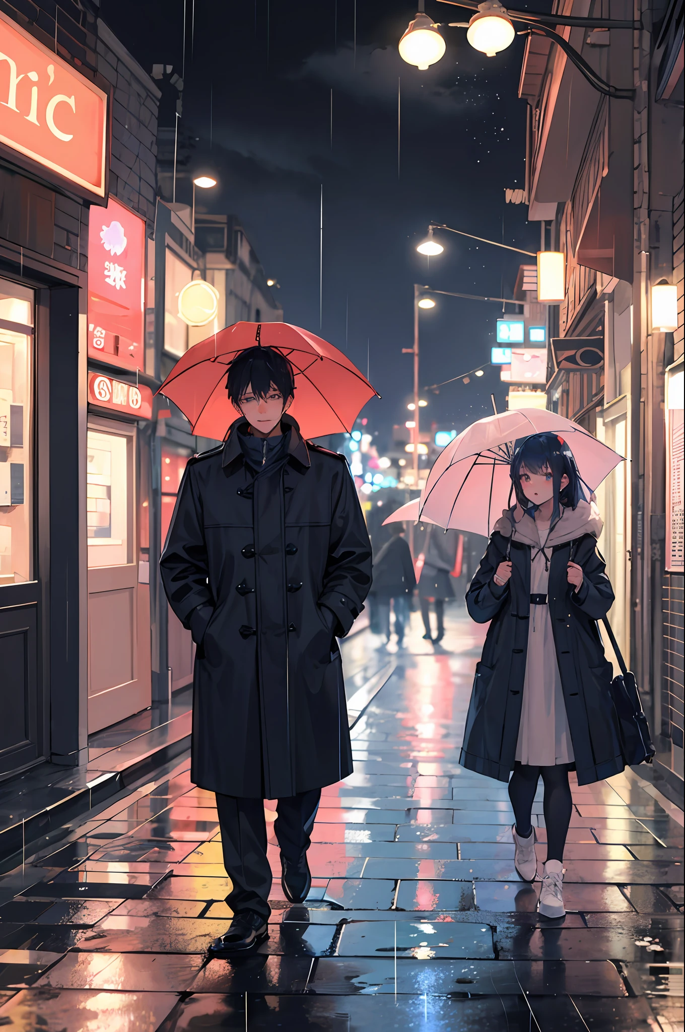 Boy and girl boyfriends walking umbrella hugged,night town,rain,coat