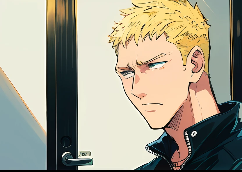 a close up of a person in a black jacket, door, blonde hair, slanted eyes, sleepy eyes, color manga, manga color, color manga, color manga panel, simple background