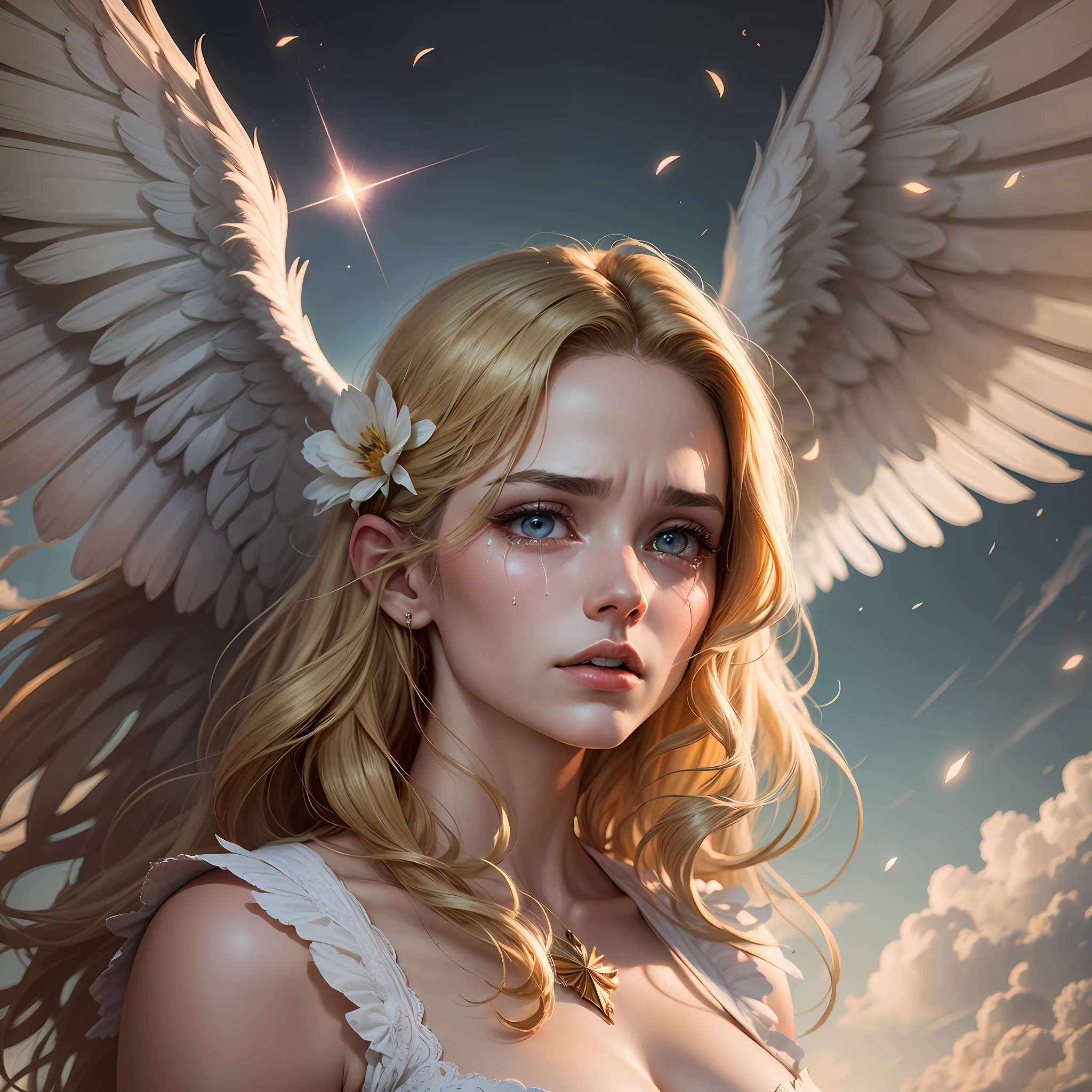 Female Angel Descending from the Sky, Hyperrealistic, Masterpiece, Sensual, Big Wings, Movie Lighting, Blonde, 30 Years Old, Light Eyes, Beautiful, Tears on Face --auto