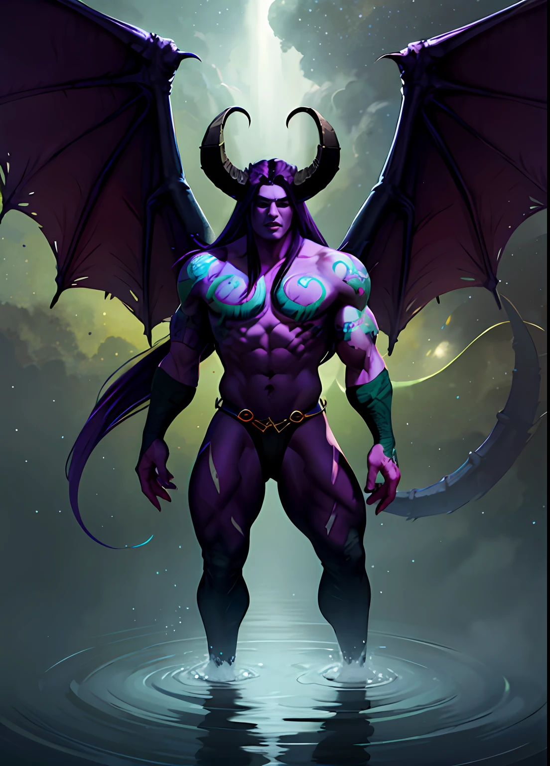 1boy, muscular burly burly incubator demon, scar, wings, horns, bright blue eyes, very long hair, big black thong, green magic, space, water, reflection, volumetric lighting, best quality, masterpiece, realistic, dark purple hair, gradient hair, character chart, anatomically correct, 4K