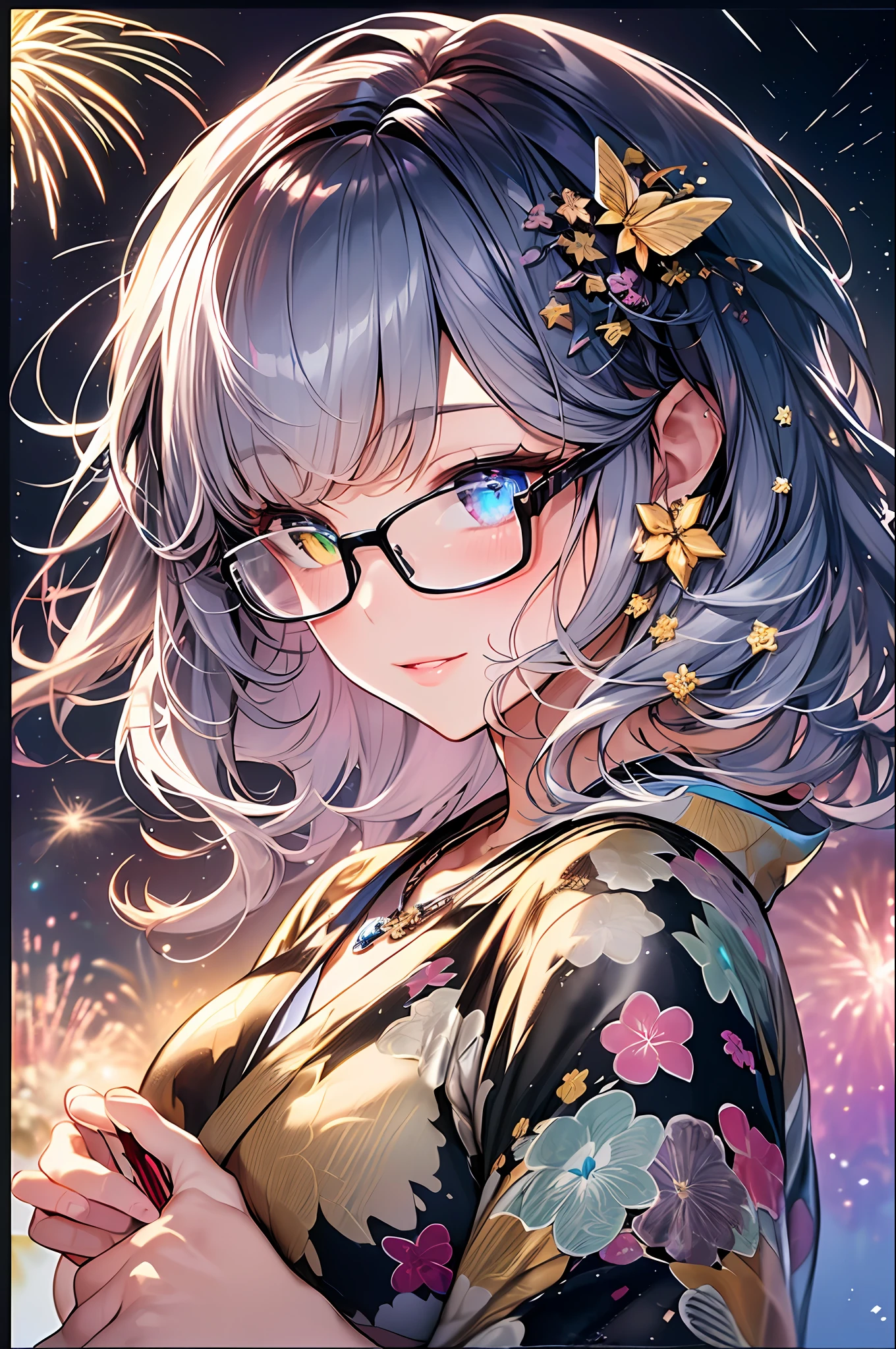 (super detailed), (very detailed), ((masterpiece, top quality, watercolor, pendant)), (official art, beautiful and aesthetic: 1.2), (golden ratio: 1.2), (full body: 1.2), (super detail: 1.3), (1 girl: 1.3), (fractal art: 1.3), (glitter pupil)), pattern, (iridescent hair, colorful hair, half blue and half pink hair: 1.2)), colorful, (glasses), writing, (heterochromia), (colorful: 1.5), (bare skin in yukata)), (((Hakata yukata)), (large fireworks, ????? in the background), night sky, starry sky, ((shy face)), ((hyper detail)), (delicate detail)), (intricate detail)), (cinematic light, highest quality backlight)), high contrast, ((( Best lighting, very delicate and beautiful))), ((Cinematic light)), (Trace reflection, shine), (Radiant Aura)))), (Hair shine)), ((Super detail)), ((8K)), ((Fireworks)), ((Beautiful lips)), (Face close-up)), Colorful lens reflection, (French twist), (Seductive smile)), (Fluttered yukata)