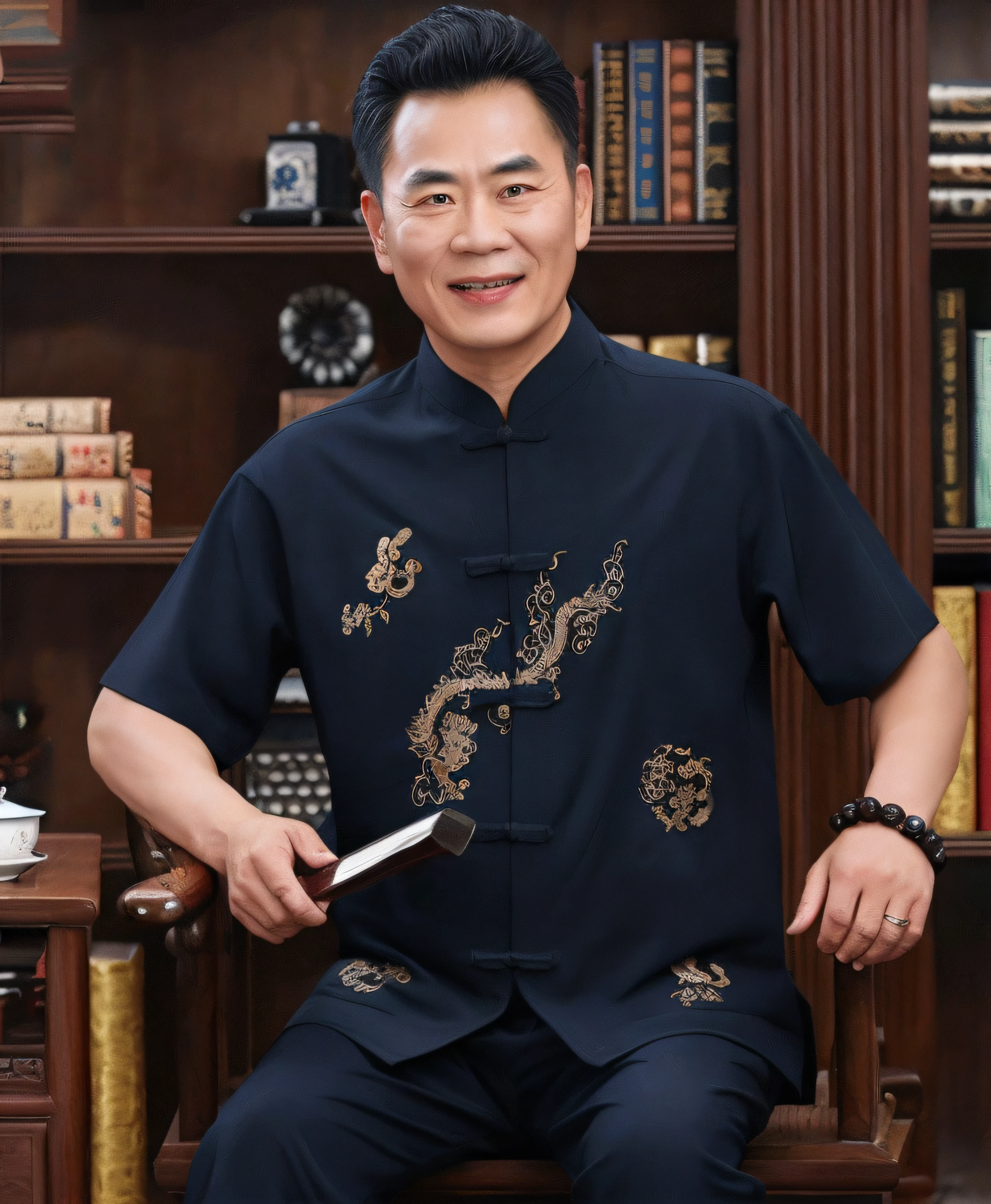 arafed asian man sitting on a chair holding a knife, gold brocaded dark blue clothes, traditional chinese clothing, with acient chinese clothes, inspired by Dong Yuan, embroidered shirt, large)}], chinese style, traditional chinese, loong, inspired by Guan Daosheng, handsome man, in style of pan ren wei, taoist robe