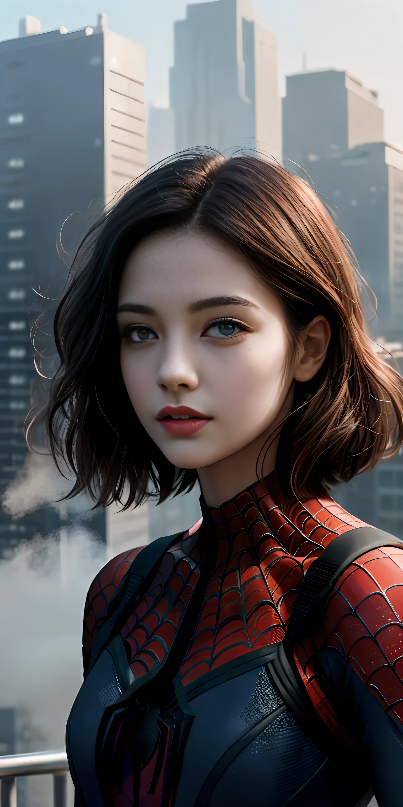 (1girl:1.3), Solo, (((Very detailed face)))), ((Very detailed eyes and face)))), Beautiful detail eyes, Body parts__, Official art, Unified 8k wallpaper, Super detailed, beautiful and beautiful, beautiful, masterpiece, best quality, original, masterpiece, super fine photo, best quality, super high resolution, realistic realism, sunlight, full body portrait, amazing beauty, dynamic pose, delicate face, vibrant eyes, (from the front), She wears Spider-Man suit, red and black color scheme, spider, very detailed city roof background, rooftop, overlooking the city, detailed face, detailed complex busy background, messy, gorgeous, milky white, highly detailed skin, realistic skin details, visible pores, clear focus, volumetric fog, 8k uhd, DSLR, high quality, film grain, fair skin, photo realism, lomography, futuristic dystopian megalopolis, translucent