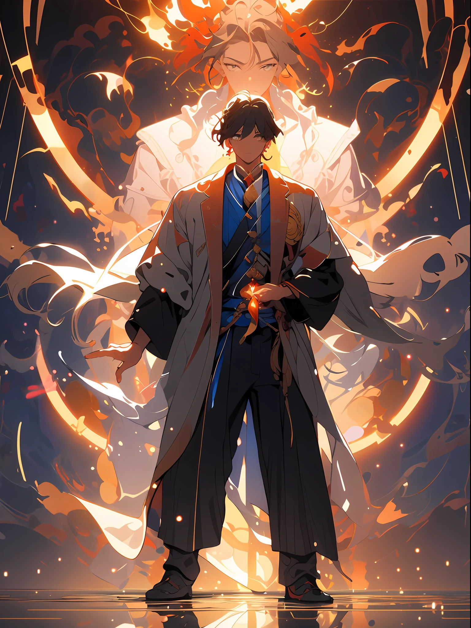 , (masterpiece:1.2), best quality,PIXIV, taoist,
a character standing in front of red glowing real people,transparent,fire,