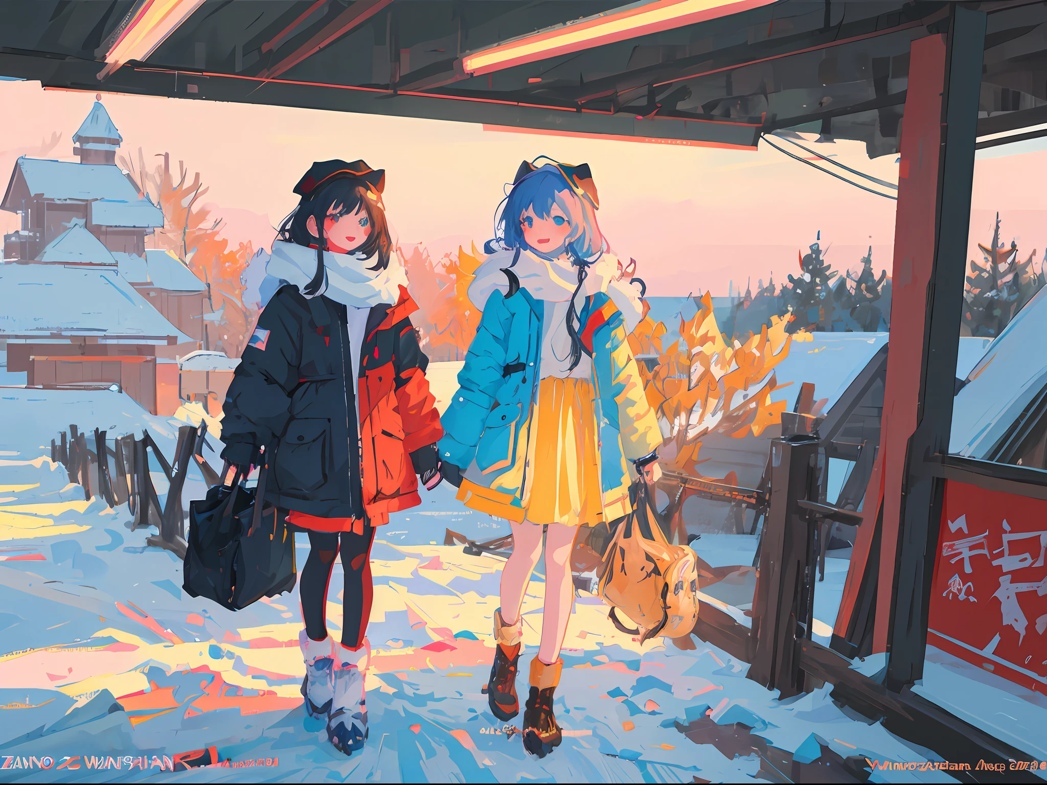 anime, two cute little girls dressed in winter clothes standing next to each other, wlop and sakimichan, by Yang J, cute art style, trending on artstation pixiv, jazza and rossdraws, trending on cgstation, cute detailed digital art, by Shitao, artwork in the style of guweiz, cute digital art