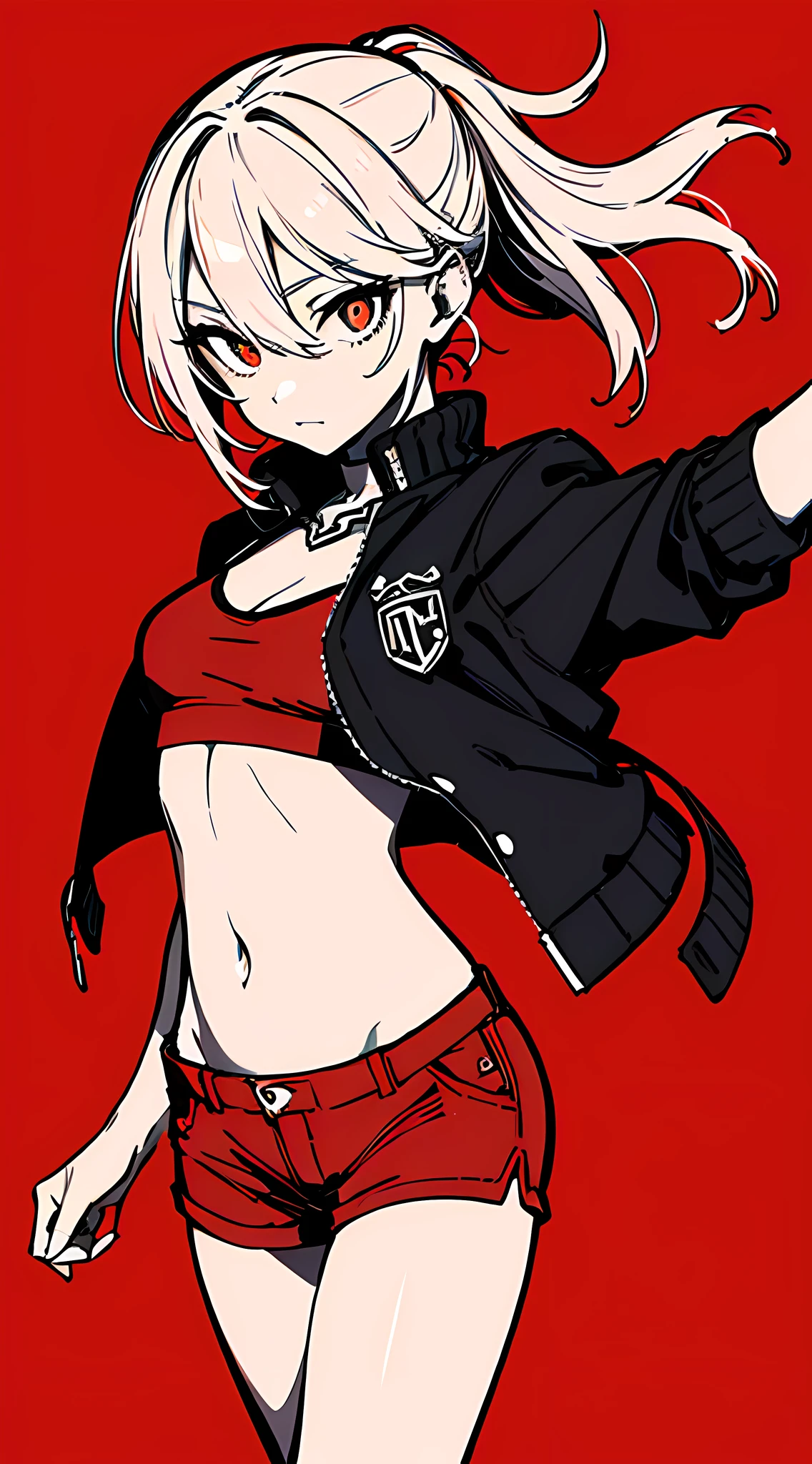 (masterpiece, best quality:1.6), solo, thick outline, (simple background, dark red background, monochrome, dark red theme:1.2), official art, key visual, 8k, absurdres, full body, (unique hair, punks jacket, hotpants, arch back, short torso:1.2), navel, thighs, cowboy shot, HDR, sharp focus, highres, highest detailed, extreme detailed, ultra detailed, finely detail, detailed eyes and face, sharp pupils, realistic pupils