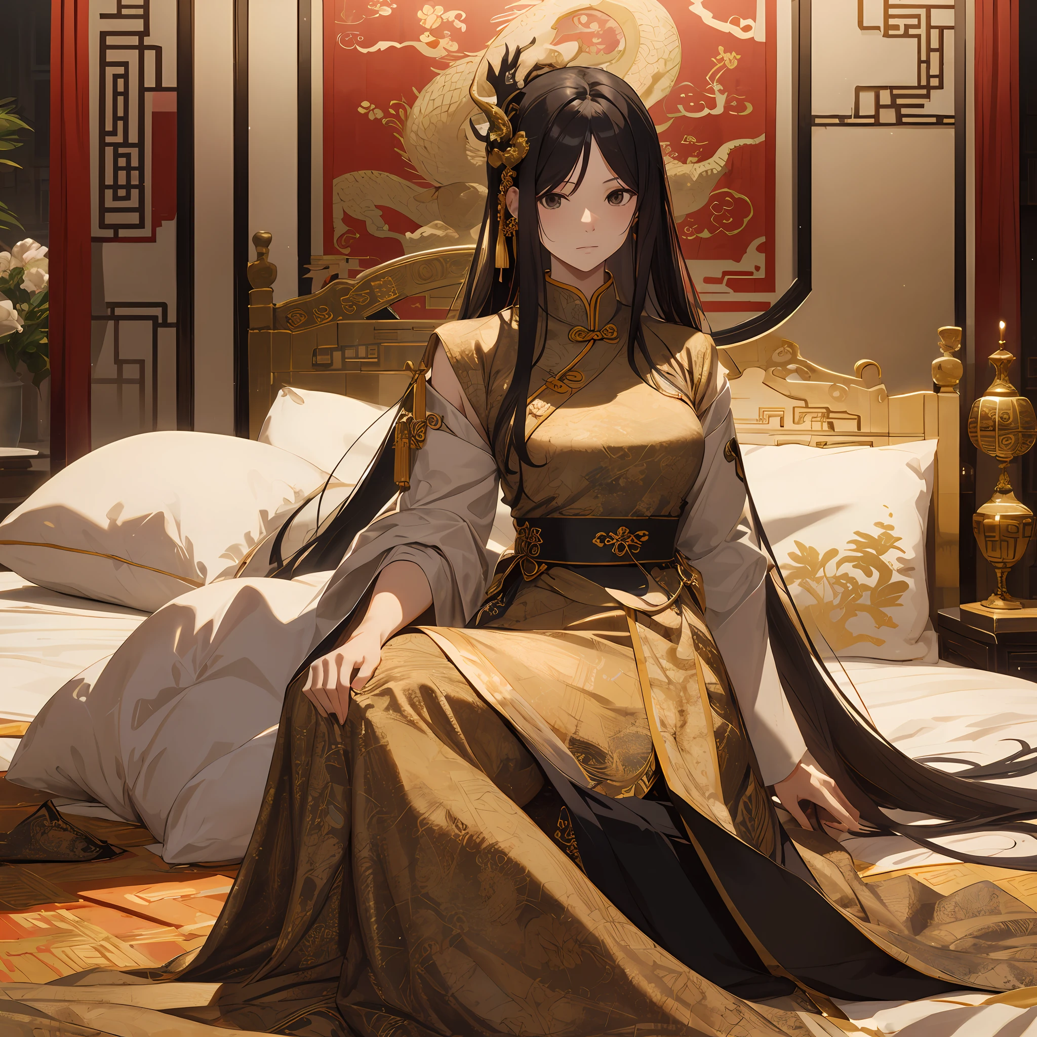 Mature woman, Chinese style, ancient China, black hair, black eyes, long hair, handsome, feminine, gentle, tall and strong, black and gold blend, gold pattern, dragon pattern, inside the palace, disheveled lying on the bed