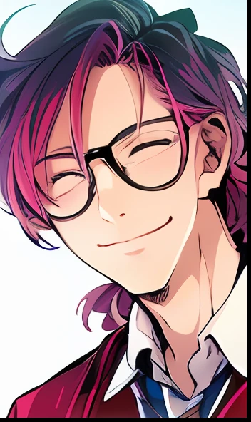 anime boy with glasses and a tie, smile, closed eyes, shirt, color manga, manga color, color manga, color manga panel, simple background, a white background