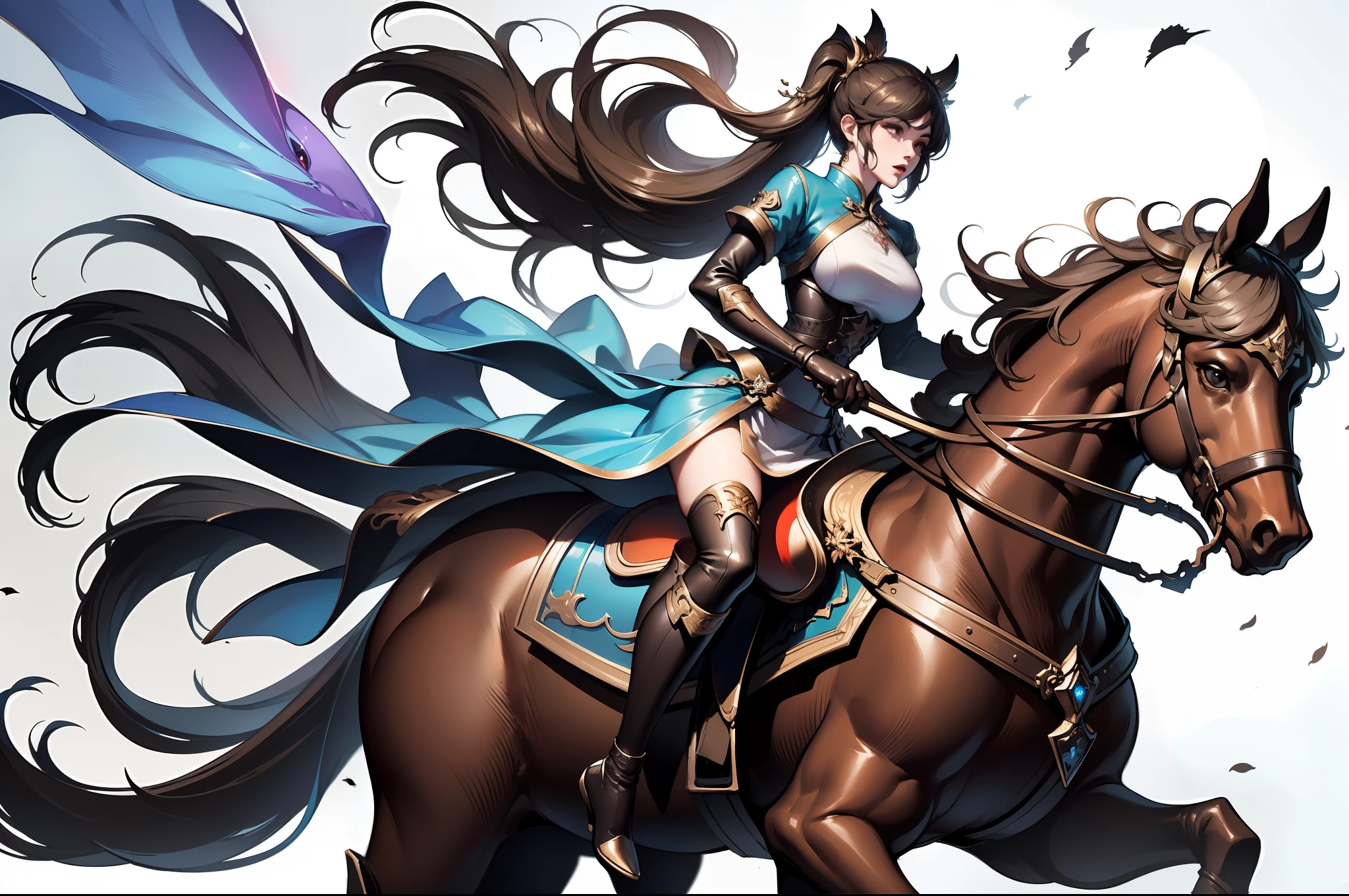 1 woman riding a horse, full body, white background, xianxia, long hair, gorgeous hair accessories, hanfu, high detail, sketch, denoising, cinematic, particle effects, white background, super high resolution, sharp focus, epic composition, masterpiece, (very detailed CG unified 8k wallpaper)