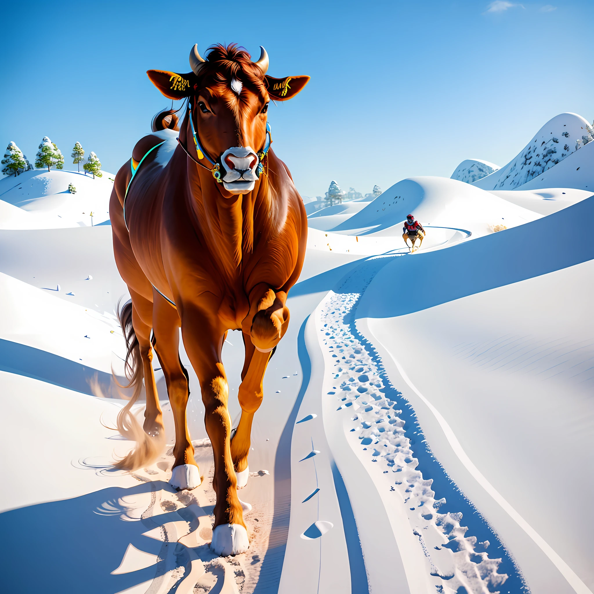 A golden bull running in the white sand desert with gold rings on the nose, full body, highly detailed, ultra realistic, intricate details, vivid colors, FHD urban background
