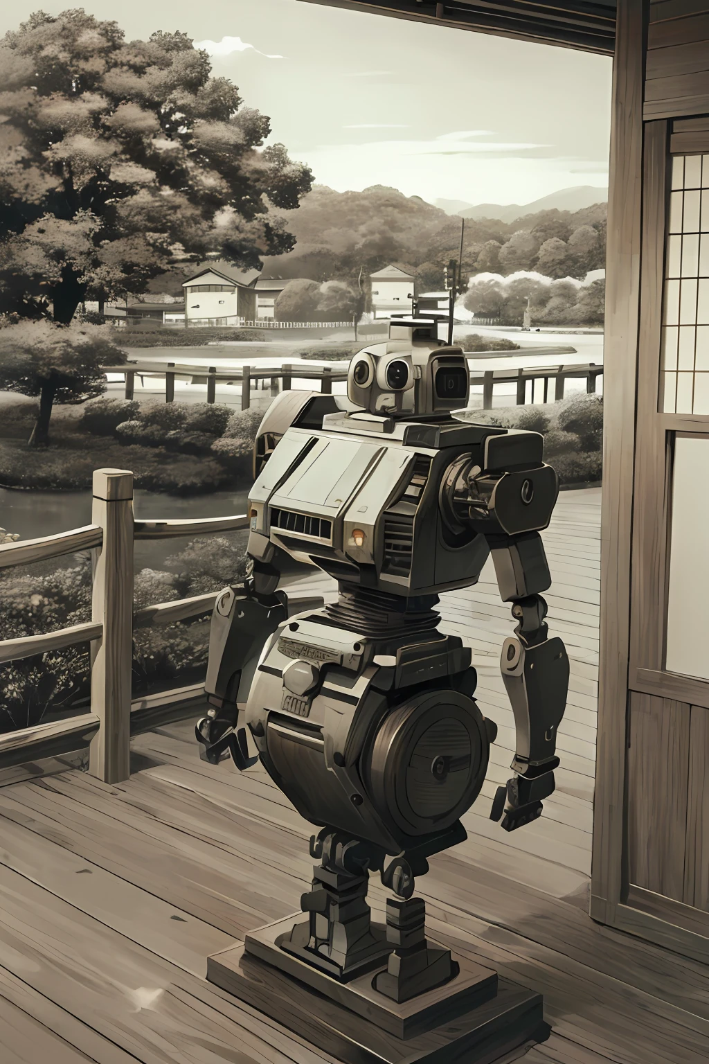 Black and white, black and white photo, Reiwa background, outside, Showa background, karakuri robot, material, wood, high image quality, delicate machinery, detailed robot, Edo period background, live-action version, realistic, photo, old, new, wood texture, never-seen, landscape Reiwa,