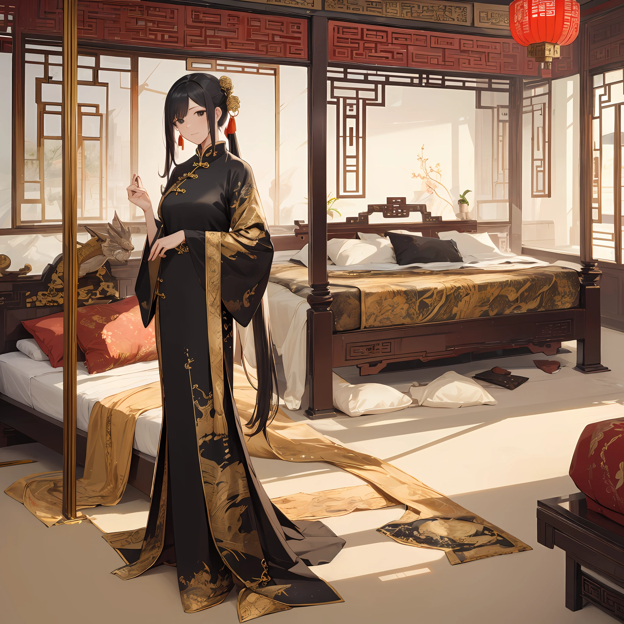 Mature woman, Chinese style, ancient China, black hair, black eyes, long hair, handsome, feminine, gentle, tall and strong, black and gold blend, gold pattern, dragon pattern, inside the palace, disheveled lying on the bed