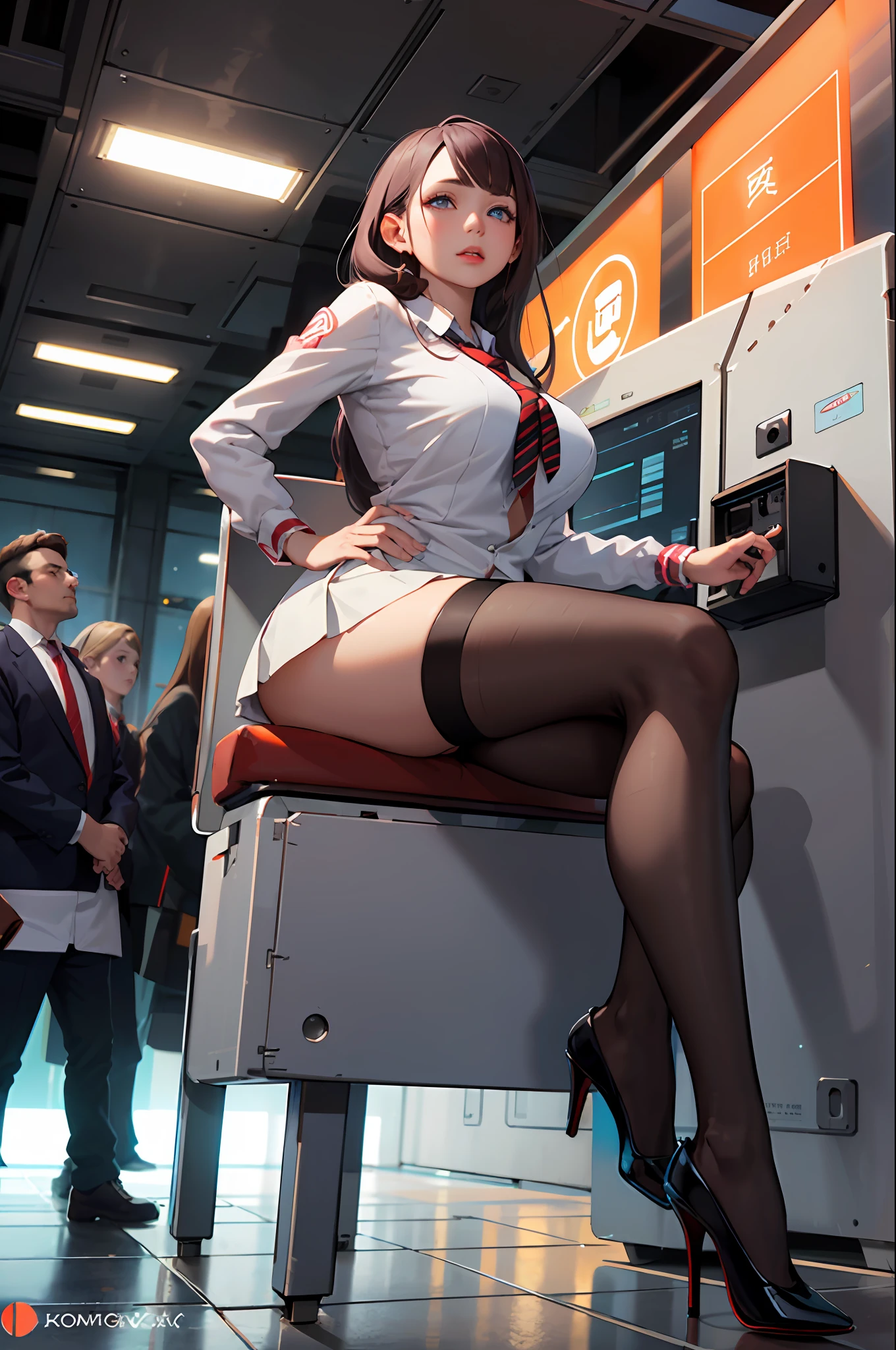 Masterpiece, best quality, 1 girl, beautiful face, long purple hair, blue eyes, white eyelashes, red face, slightly open lips, plump flesh, full and symmetrical breasts, raised buttocks, white tight hip skirt, black and green stripes, black knee-length stockings, white high heels, tattoos, chest close-up, buttocks close-up, detailed clothing details, thighs up, graceful sitting posture, perfect proportions, multiple angles, dynamic angle, terminal harem, Zhou Fang Meilai, futuristic, technological, dynamic angle, flowing flowing, 8k, masterpiece, best quality, super detailed, best lighting, best shadows,
Hologram designer, holographic display, 3D projection, special effects, virtual reality.
break
,Cliff_overlooking_the_ocean,,Crowd,Depth of field,Looking at the audience,From the side,Full body,