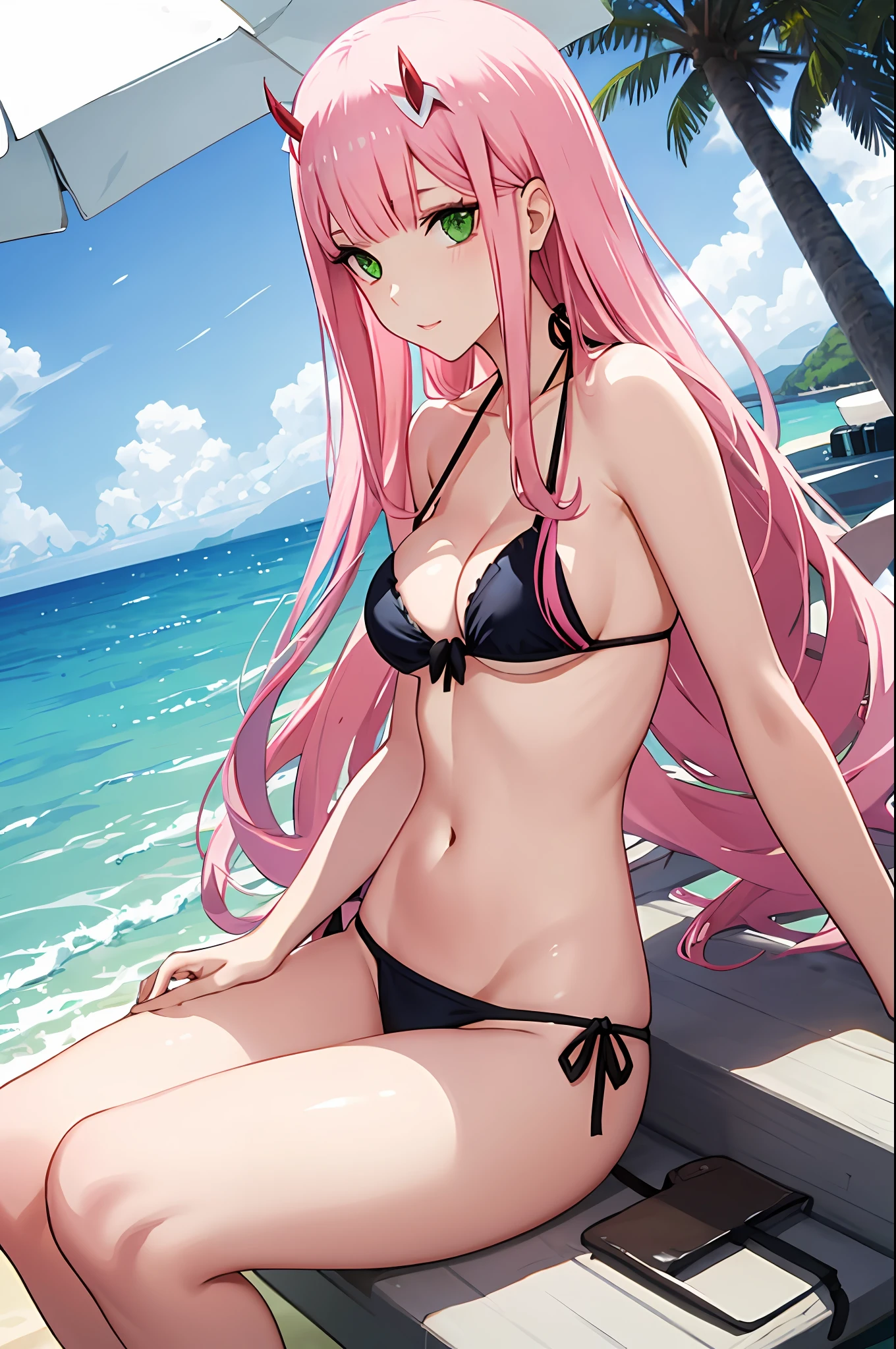 zero two, side tie bikini, medium breast, slim legs, sunny day, Beach, leaning, beautiful eyes, green eyes, nervous