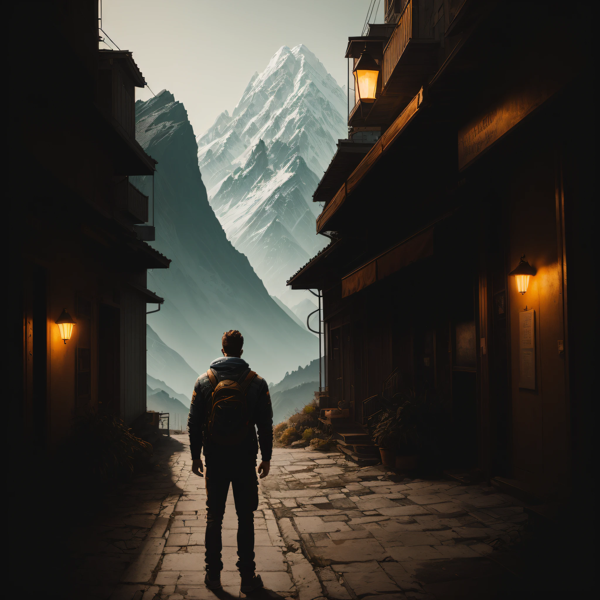 Landscape, floesta and mountains, a 30-year-old male man contemplating nature, realistic epic, portrait of, James Gilleard, by Joe Fenton, by Kaethe Butcher, yellow gradient, black, brown and magenta color scheme, grunge aesthetic!! soft cinematic light, adobe lightroom, photo lab, hdr, intricate, highly detailed, (depth of field: 1.4), faded, (neutral colors: 1.2), (hdr: 1.4) , (soft colors:1.2), hyperdetailed, (artstation:1.4), cinematic, warm lights, dramatic light, (intricate details:1.1), complex background, (rutkowski:0.66), (blue and orange:0.4)