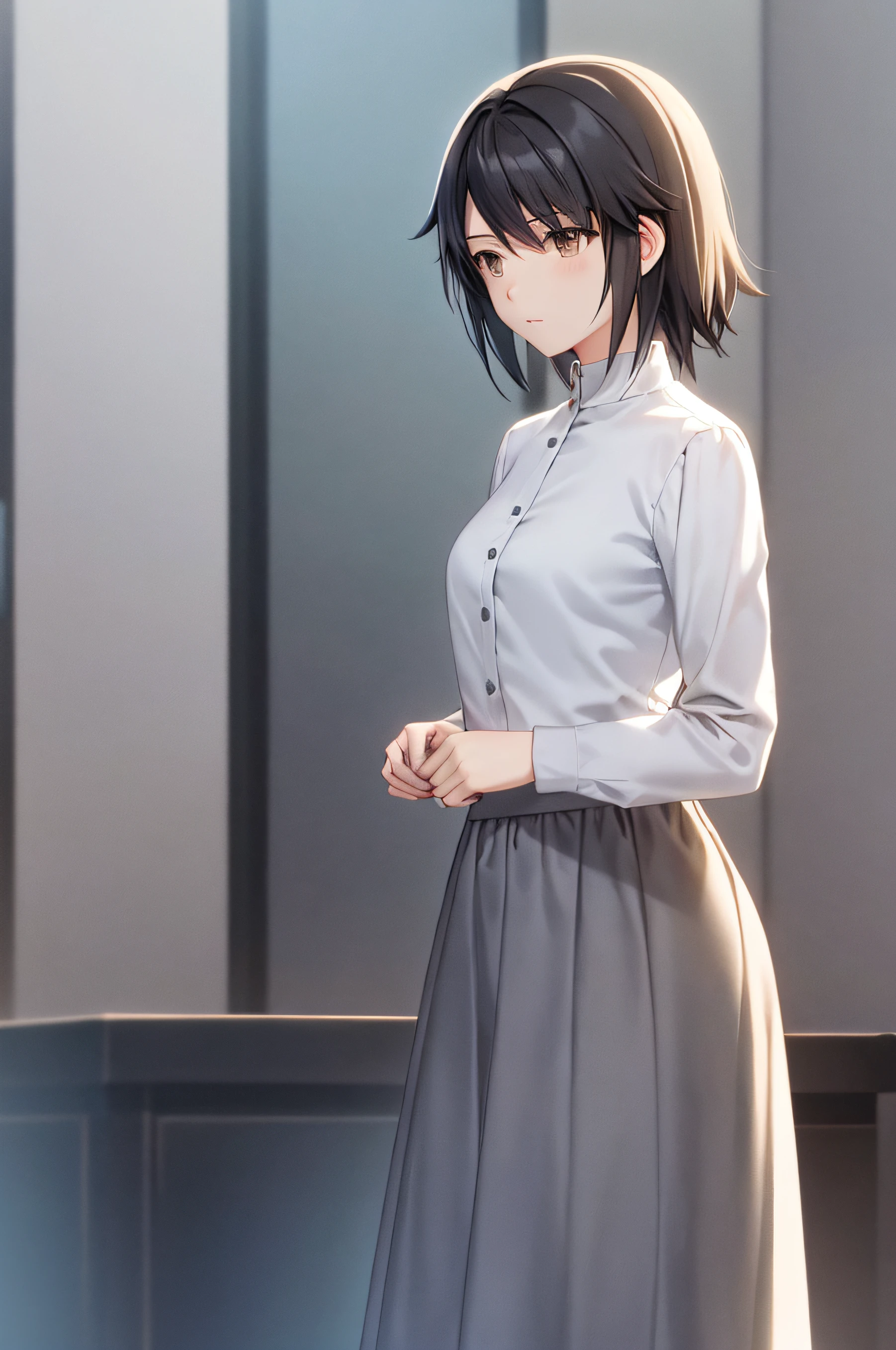 Very detailed and precise anime style illustrations, very beautiful woman, headless standing, brown short hair, perfect round gray eyes, small breasts, solo, wearing a gray long-sleeved shirt and a gray long skirt. The background is white, backlit, Makoto Shinkai CG art.