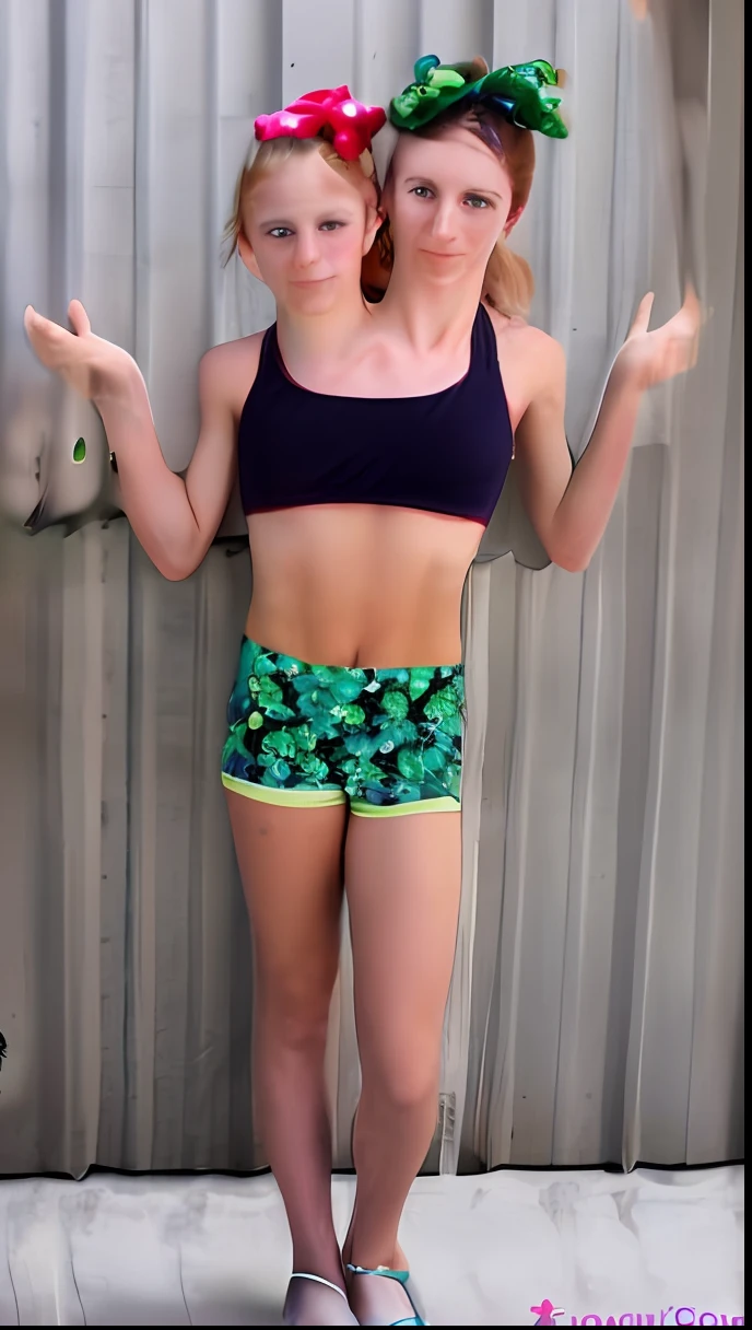 2heads, two headed girl, (one torso:1.5), pale skin, Scottish redhead, teenager, white girls, different ages, (two heads on one body:1.4), (first head uncomfortable:1.5), (second head unhappy:1.5) conjoined twins, heads side by side, one torso, young, uncomfortable, barefoot