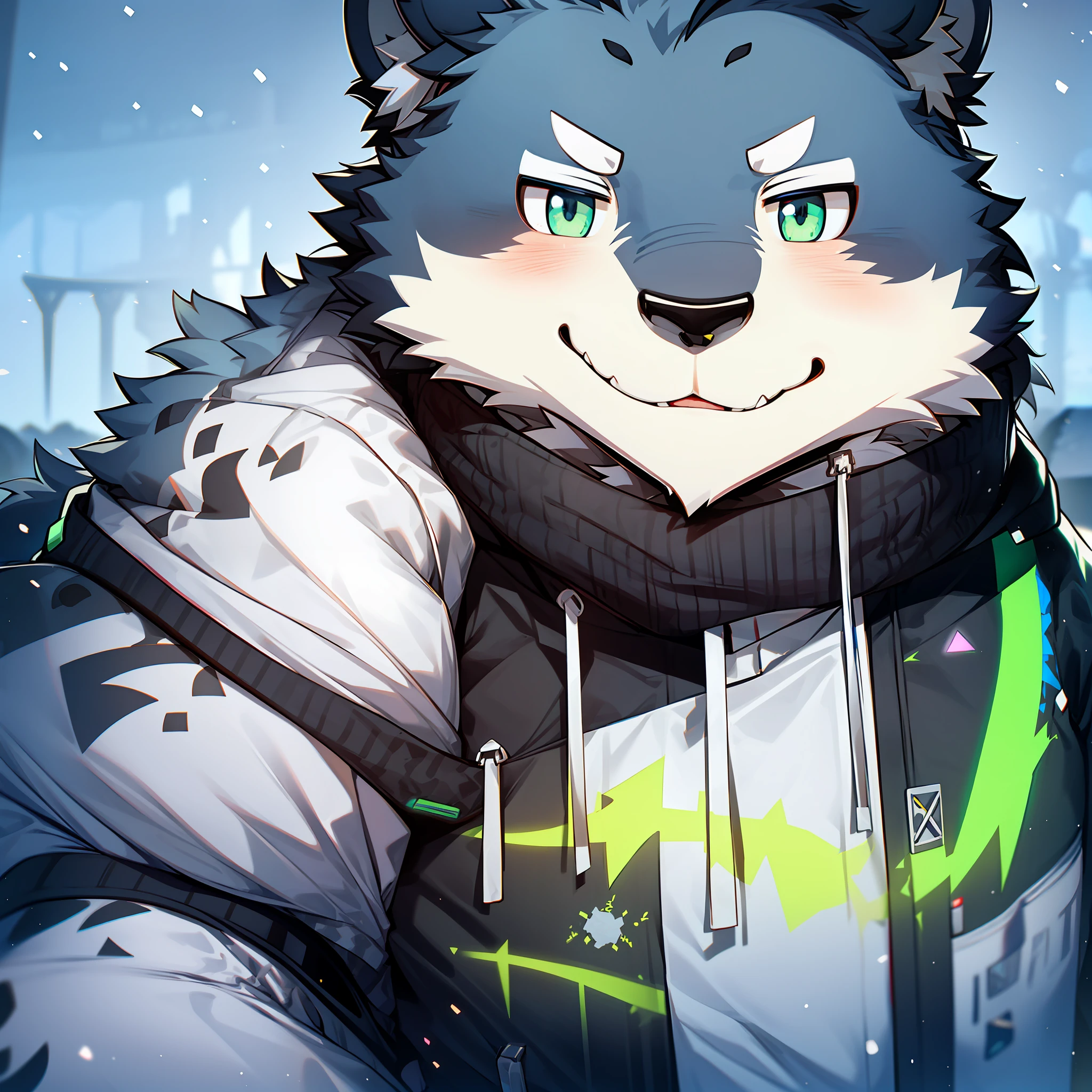 Snow leopard, furry, black hair, fluorescent green pattern