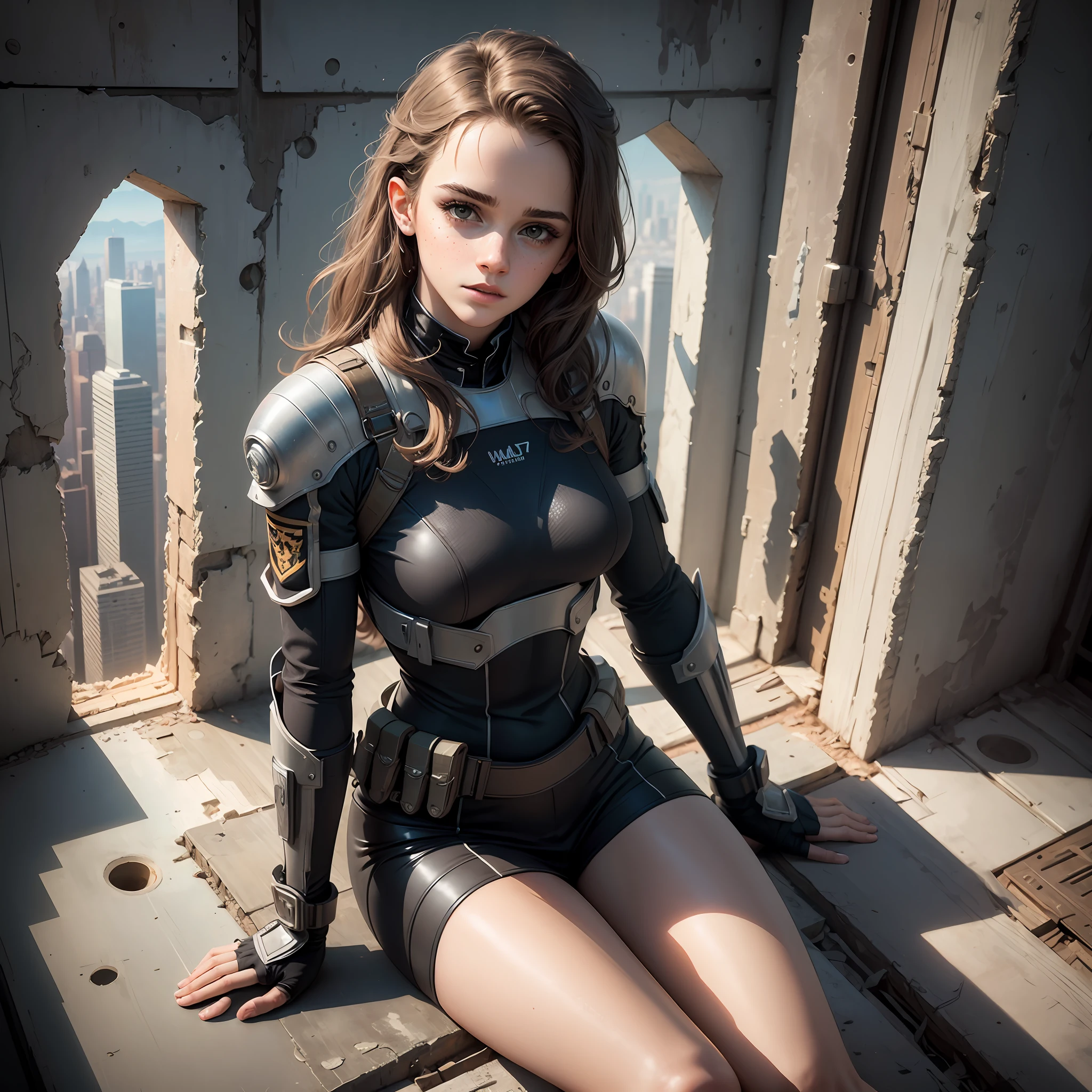 teen emma watson. intricate futuristic tight black uniform. freckles, beautiful face, masterpiece, intricate detail, high angle photo. sitting. from above. highrise. postapocalyptic background. cinematic light. perfect anatomy.