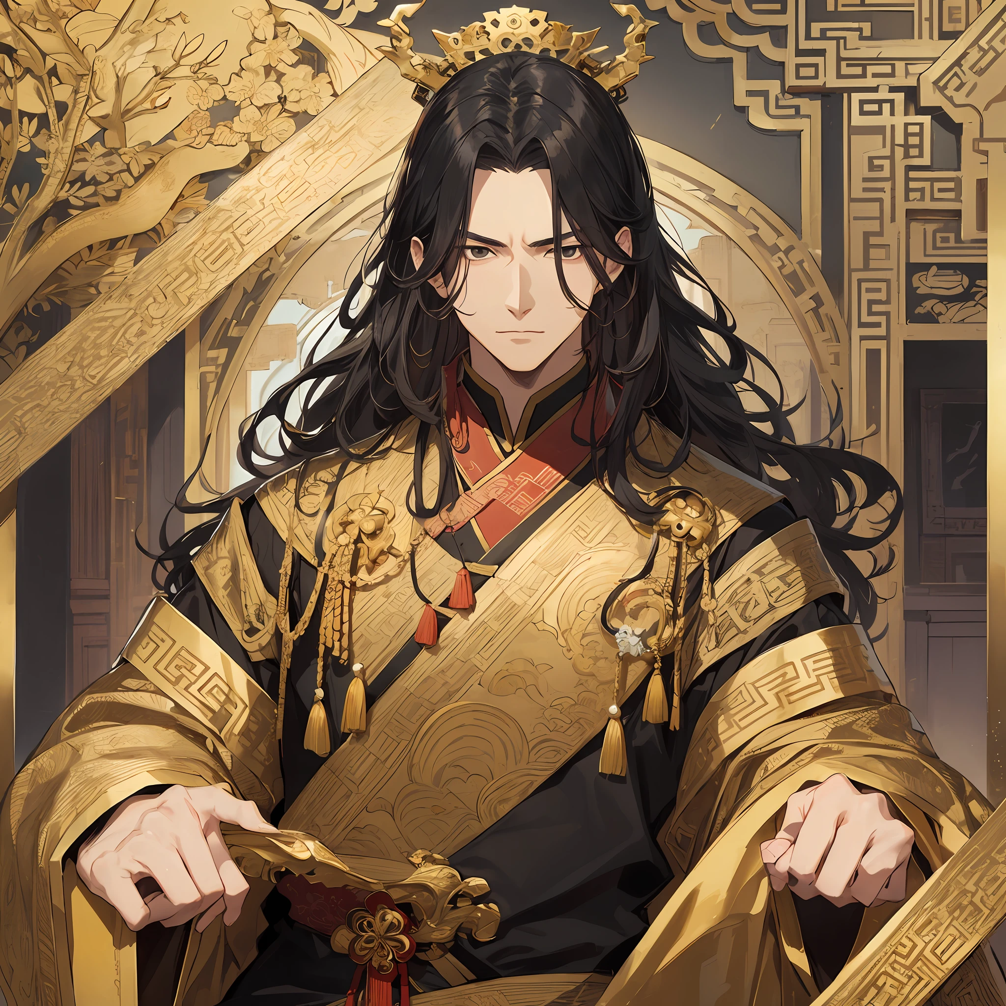 Mature man, chinoiserie, ancient Chinese, black hair, black eyes, long hair, handsome, masculine, serious, gentle, tall and strong, black and gold blend, gold pattern, dragon pattern, inside the royal palace, the background is the royal palace bed