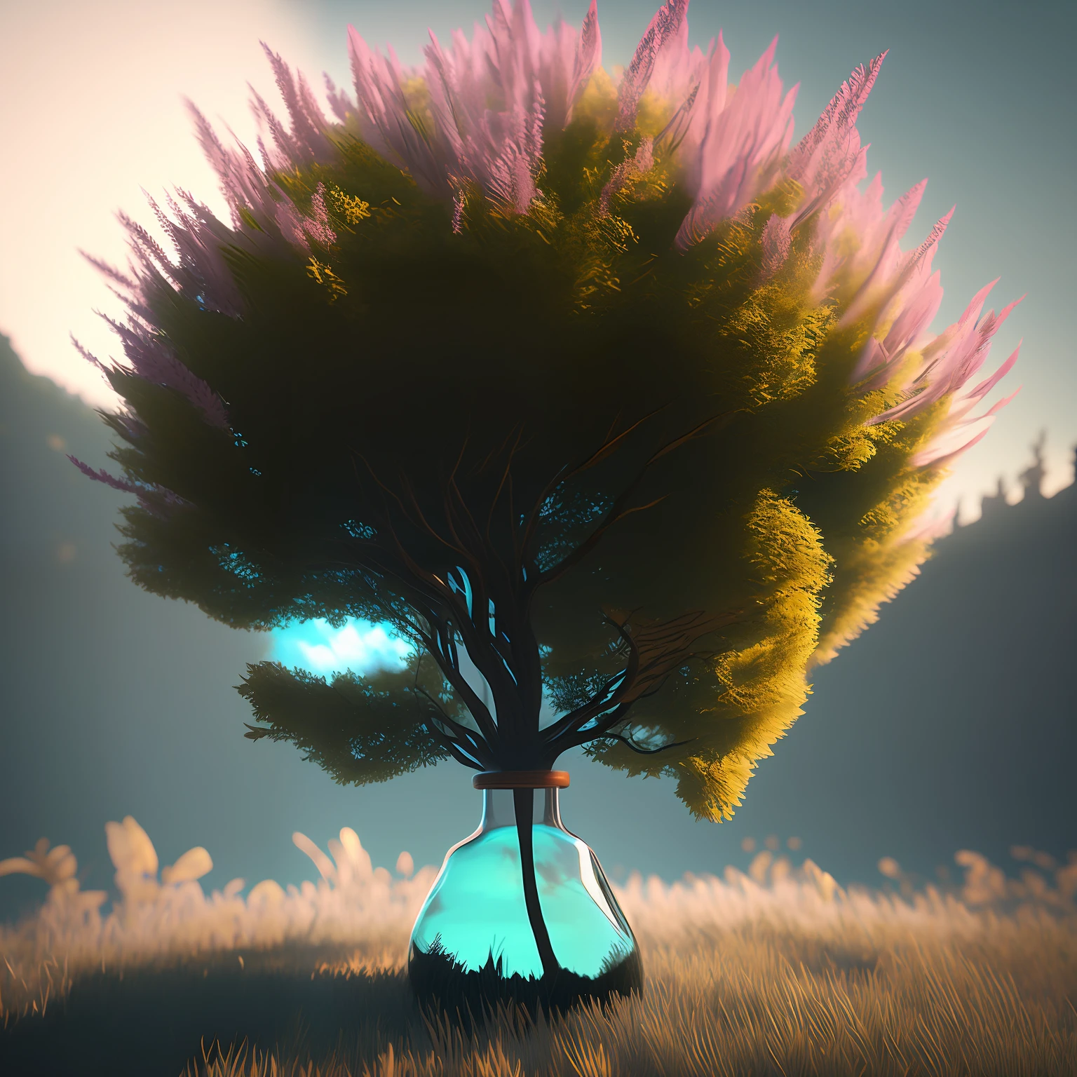 dreamlikeart tree in a bottle, fluffy, realistic, photo, canon, dreamlike, art, colorfull leaves and branches with flowers on top of its head. hyperdetailed photorealism by greg rutkowski - h 1024 w 804 | f 1 6 lens mark 2:2 s 3555 mm film grain :1 lifelike high res sharp focus contrast!! intricate detailed atmospheric light refraction lighting unreal engine 5 cinematic concept photography masterpiece octane render trending at cgsociety rendered as