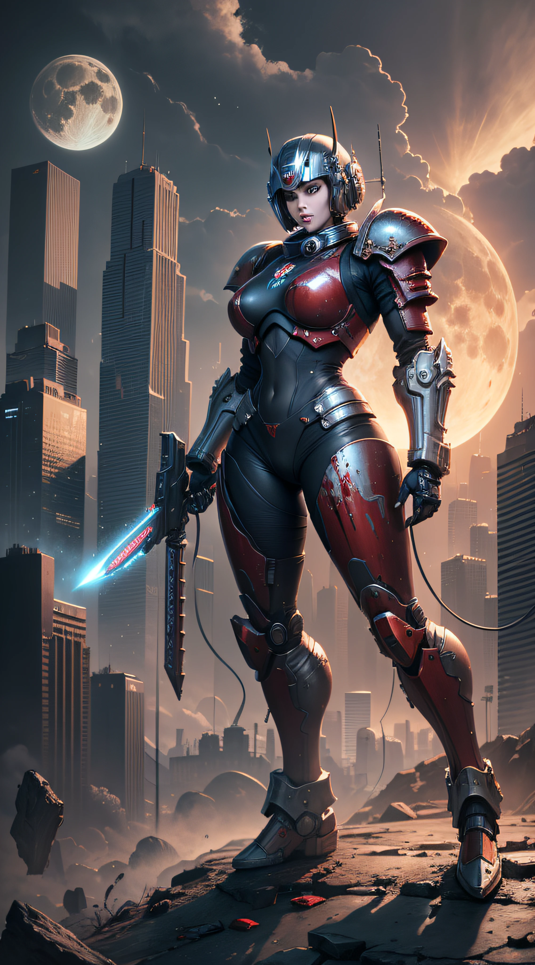 Space Marine, Harhammer 40,000, World at War, Beautiful Cyberpunk Woman with Very Detailed Mecha Treatment, Vibrant Colors, Metallic Red, Bloodstained, With Sky With Clouds And Full Moon, Full Body With Detailed Armor,