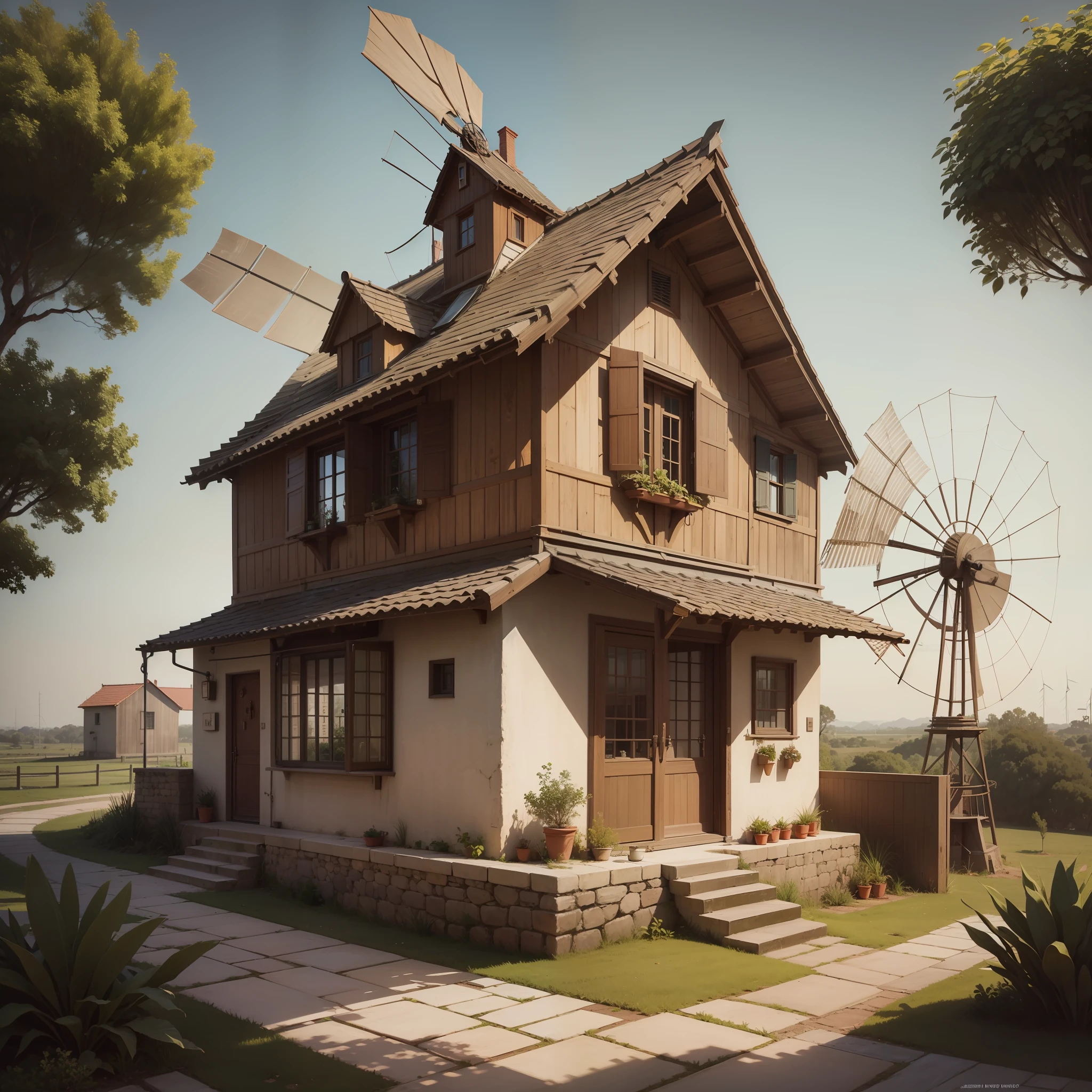 Casa, medieval, windmill no quintal,