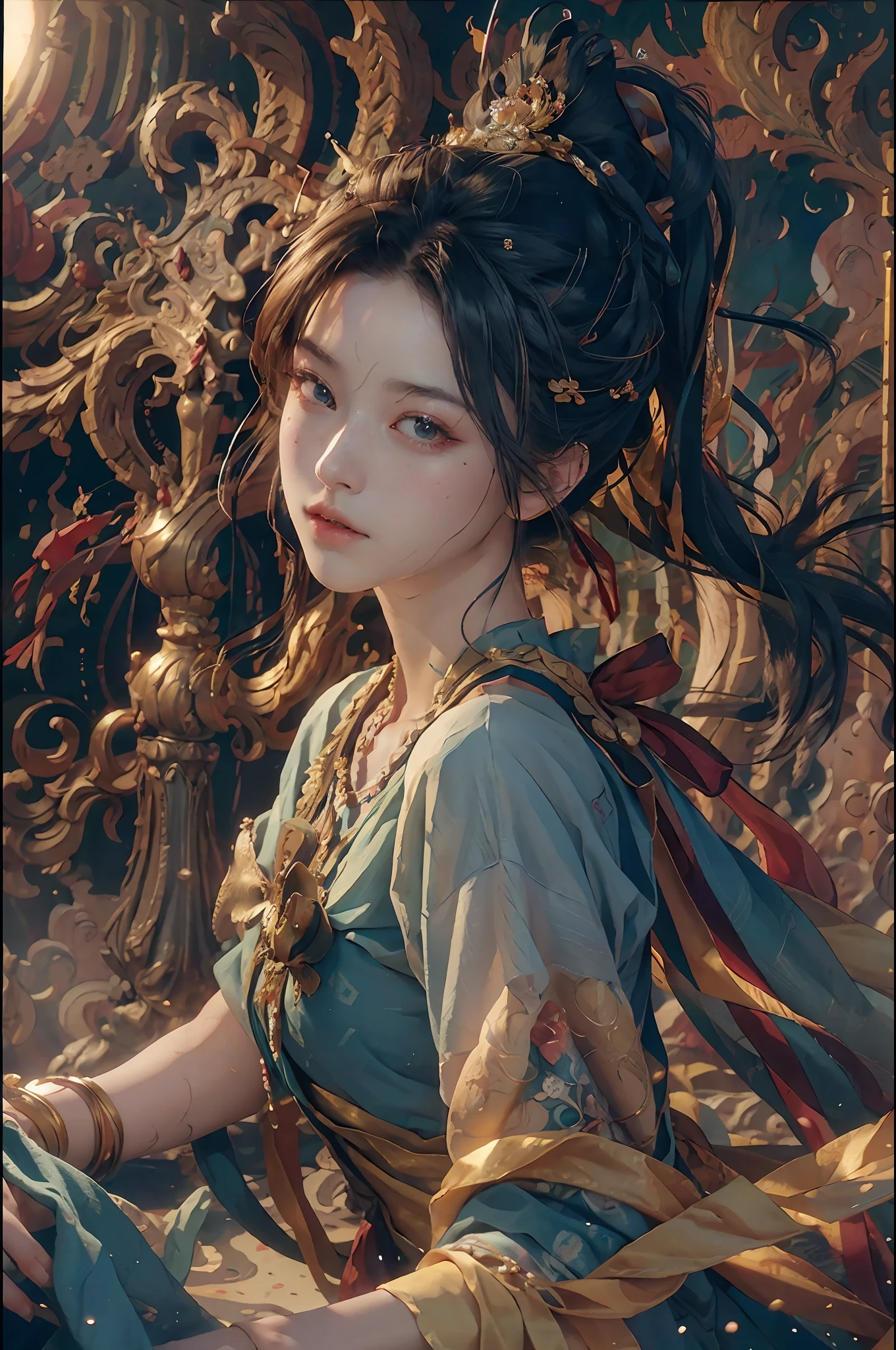 (RAW photo, best quality), (realistic, photo-realistic:1.3),best quality,highly detailed,masterpiece,ultra-detailed,illustration,1girl,upper_body,dynamic angle,world masterpiece theater,messy_long_hair,best quality,extremely detailed CG unity 8k wallpaper,ink,Amazing,cinematic lighting,lens_flare, dunhuang_style