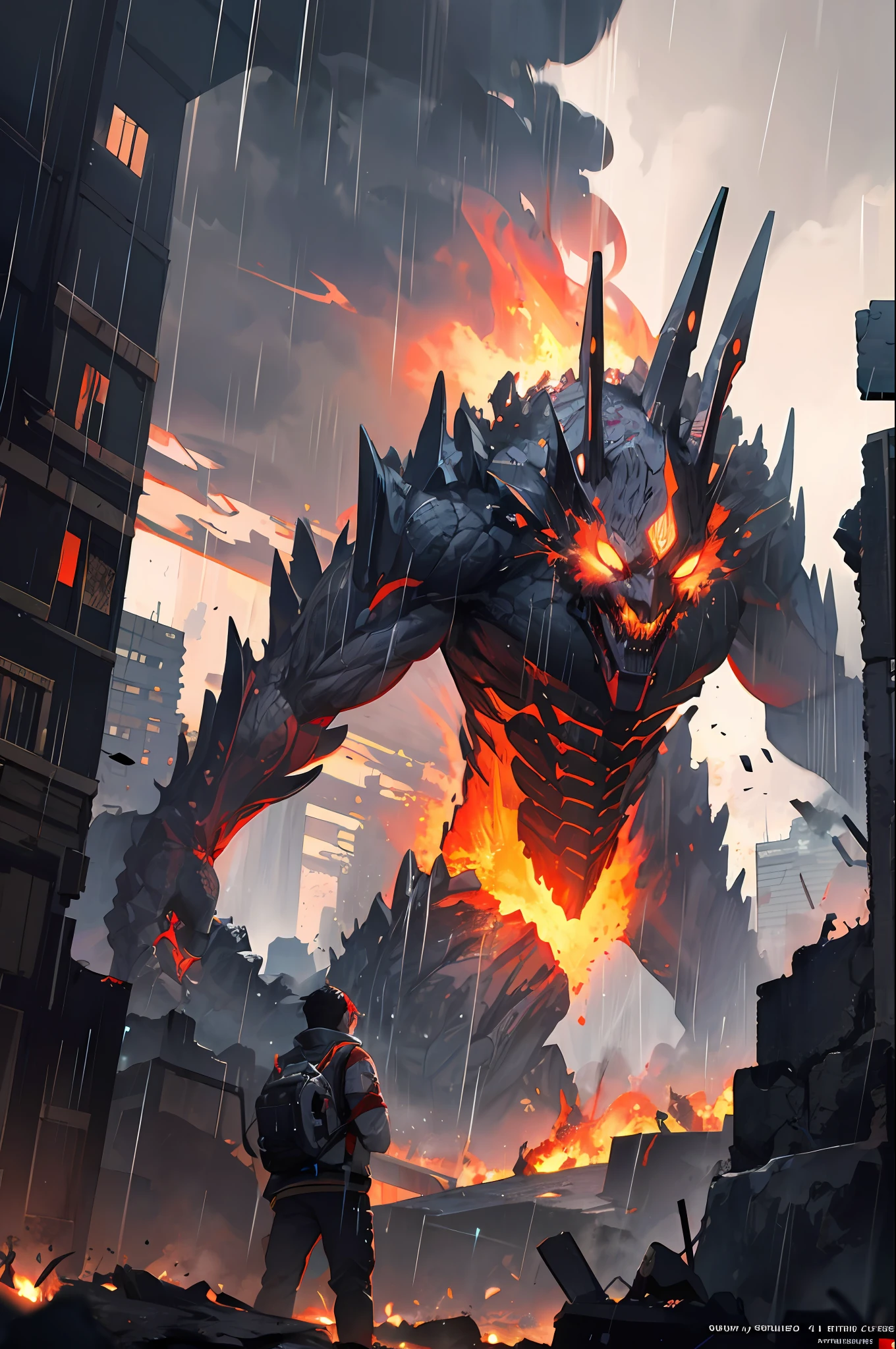 Boy watching colossal giant monster from miles away destroying a city, dark night, rain, fire, smoke clouds, 8k, artstation, masterpiece, good quality, adventure, trending-topics, painting, art