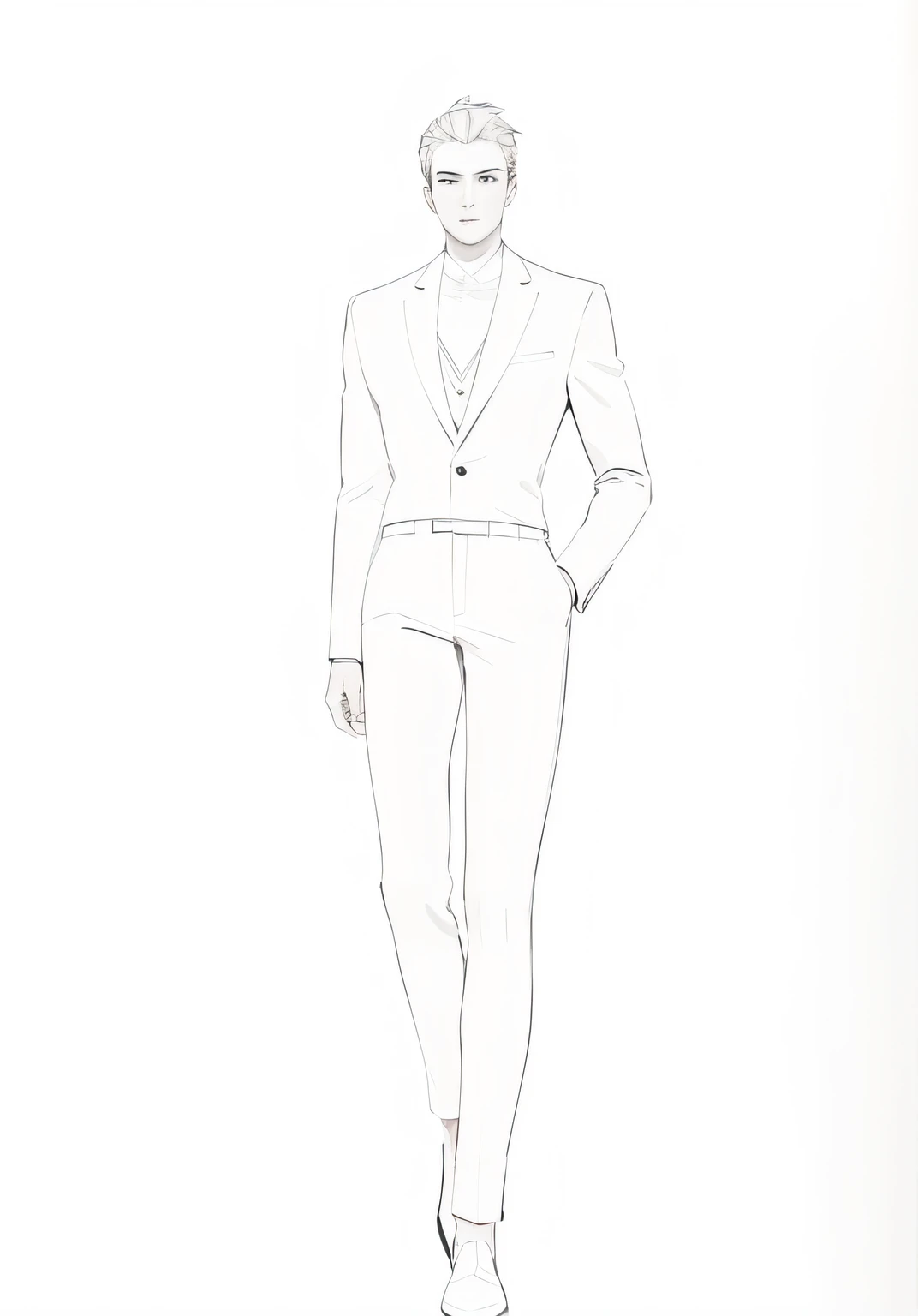 a drawing of a woman in a suit and shoes, clear outfit design, full body drawing, full body character drawing, masculine proportions, delicate androgynous prince, elegant drawing, outfit design, girl in a suit, detailed fashion illustration, androgynous male, madonna genderbend elegant, wearing fashion suit, androgynous person, fashion concept art, full body illustration