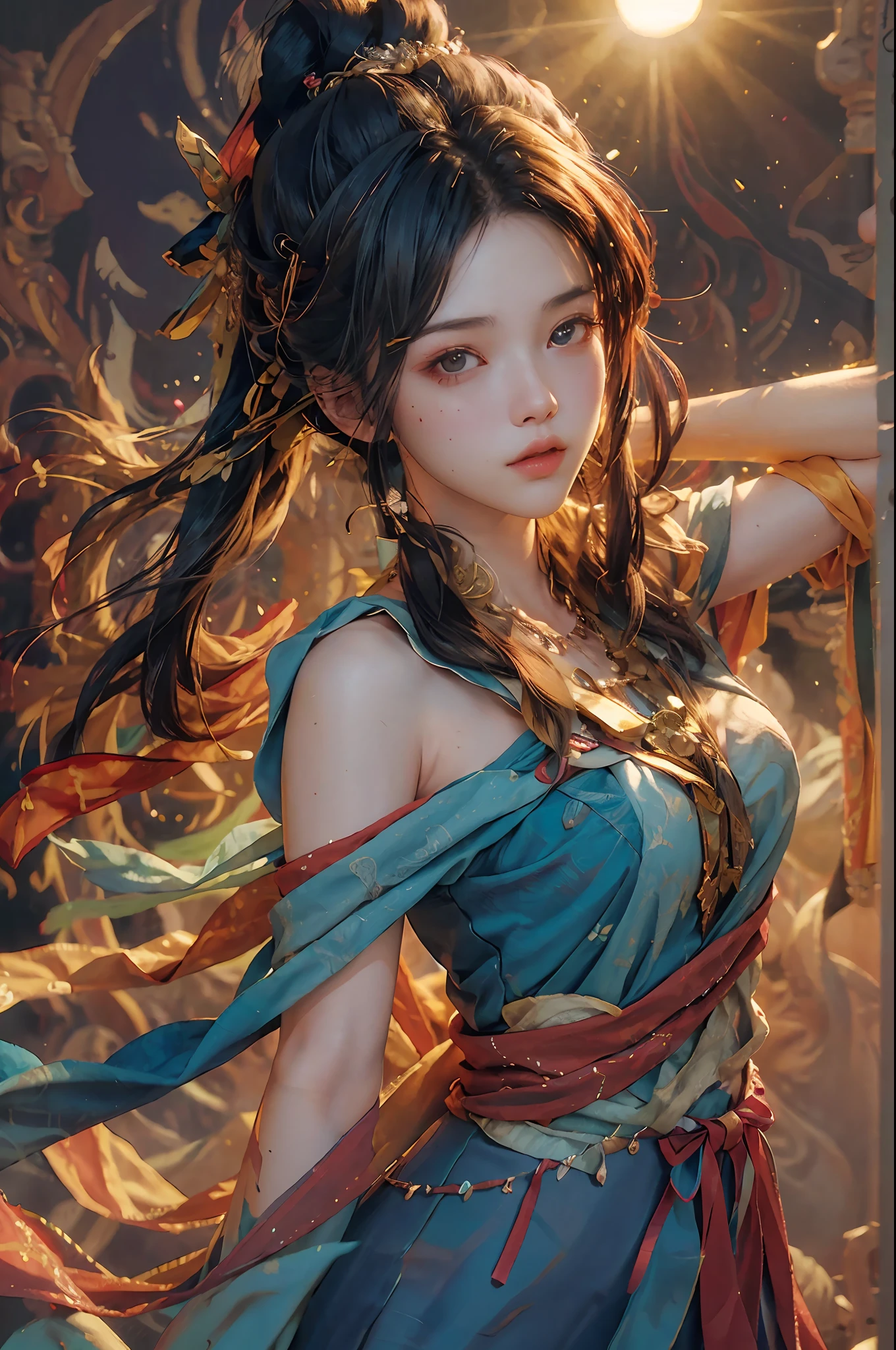 (RAW photo, best quality), (realistic, photo-realistic:1.3),best quality,highly detailed,masterpiece,ultra-detailed,illustration,1girl,upper_body,dynamic angle,world masterpiece theater,messy_long_hair,best quality,extremely detailed CG unity 8k wallpaper,ink,Amazing,cinematic lighting,lens_flare, dunhuang_style