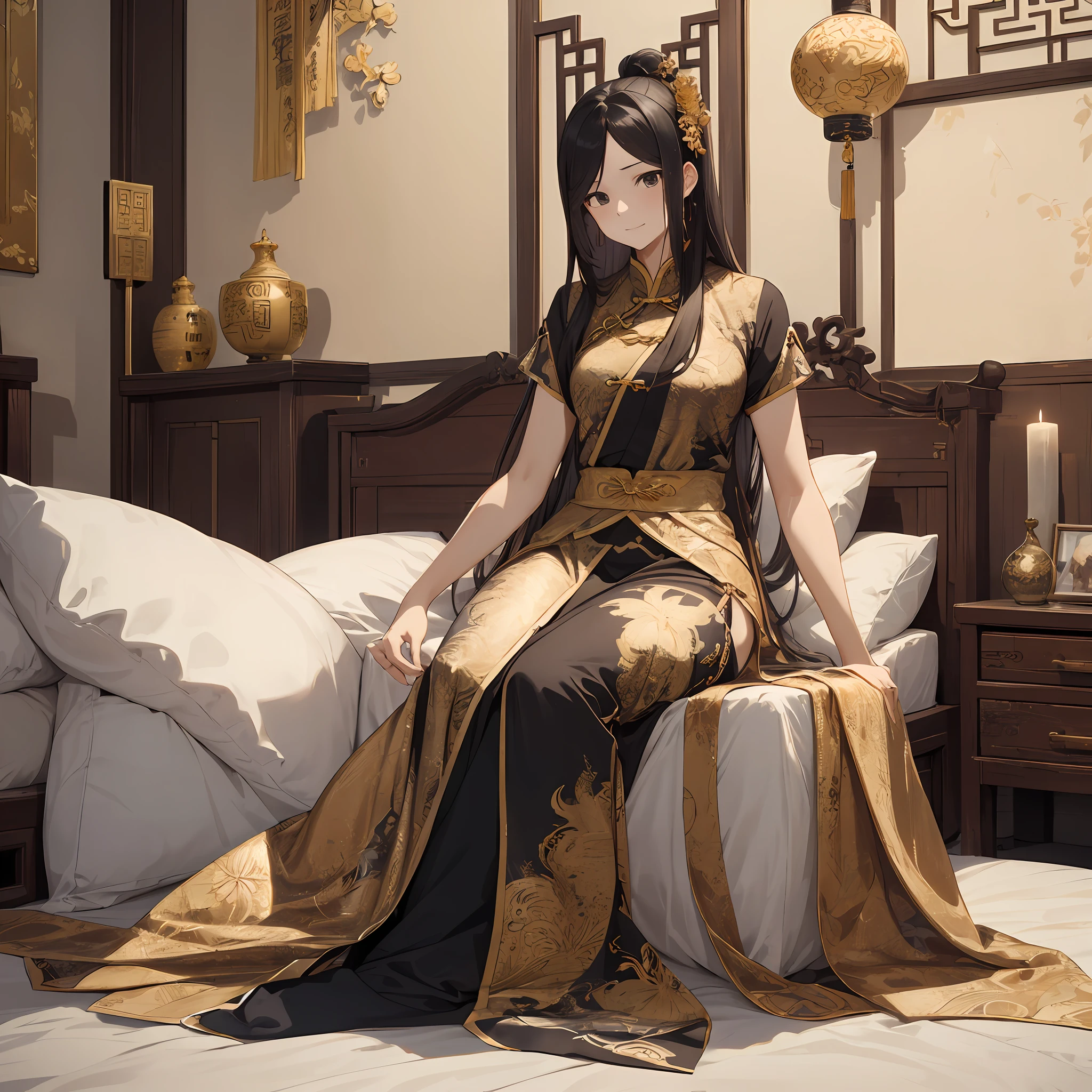 Mature woman, Chinese style, ancient China, black hair, black eyes, long hair, handsome, feminine, gentle, tall and strong, black and gold blend, gold pattern, dragon pattern, inside the palace, disheveled lying on the bed
