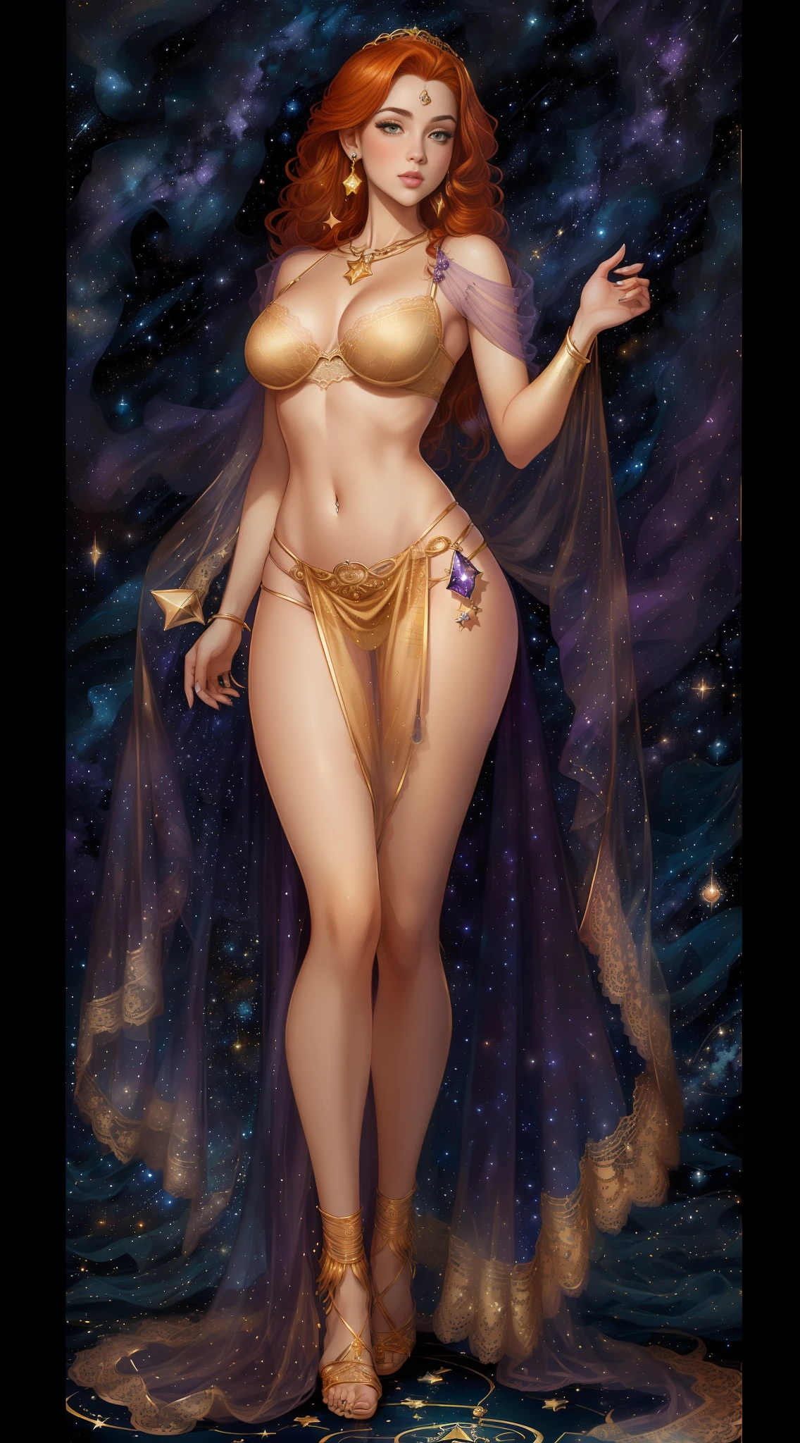 ((full body)), (((head to toe))), 1 female, solo, beautiful blushing slender Goddess of Aquarius (((with ginger hair))), small bust, narrow waist, thin legs, (((against Aquarius starry sky background))), (((gorgeous gold lace brassiere, loincloth))), amethyst necklace, amethyst tiara, gold veil, (((American comic style with dark contours))), (((art by J. Scott Campbell)))
