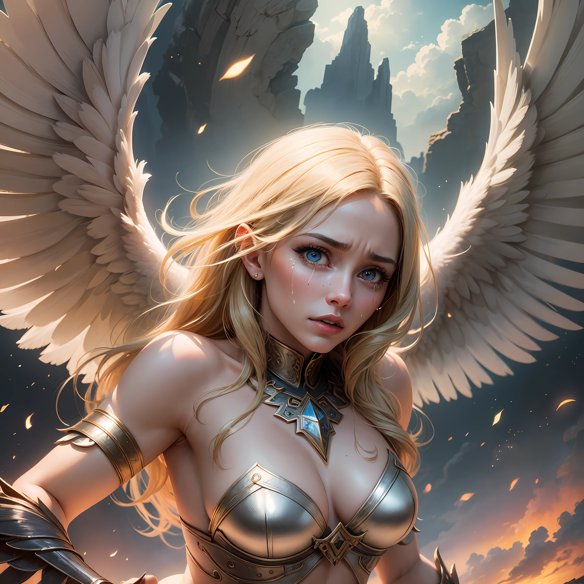 Female Angel Descending from the Sky, Hyperrealistic, Masterpiece, Sensual, Big Wings, Movie Lighting, Blonde, 30 Years Old, Light Eyes, Beautiful, Tears on Face --auto