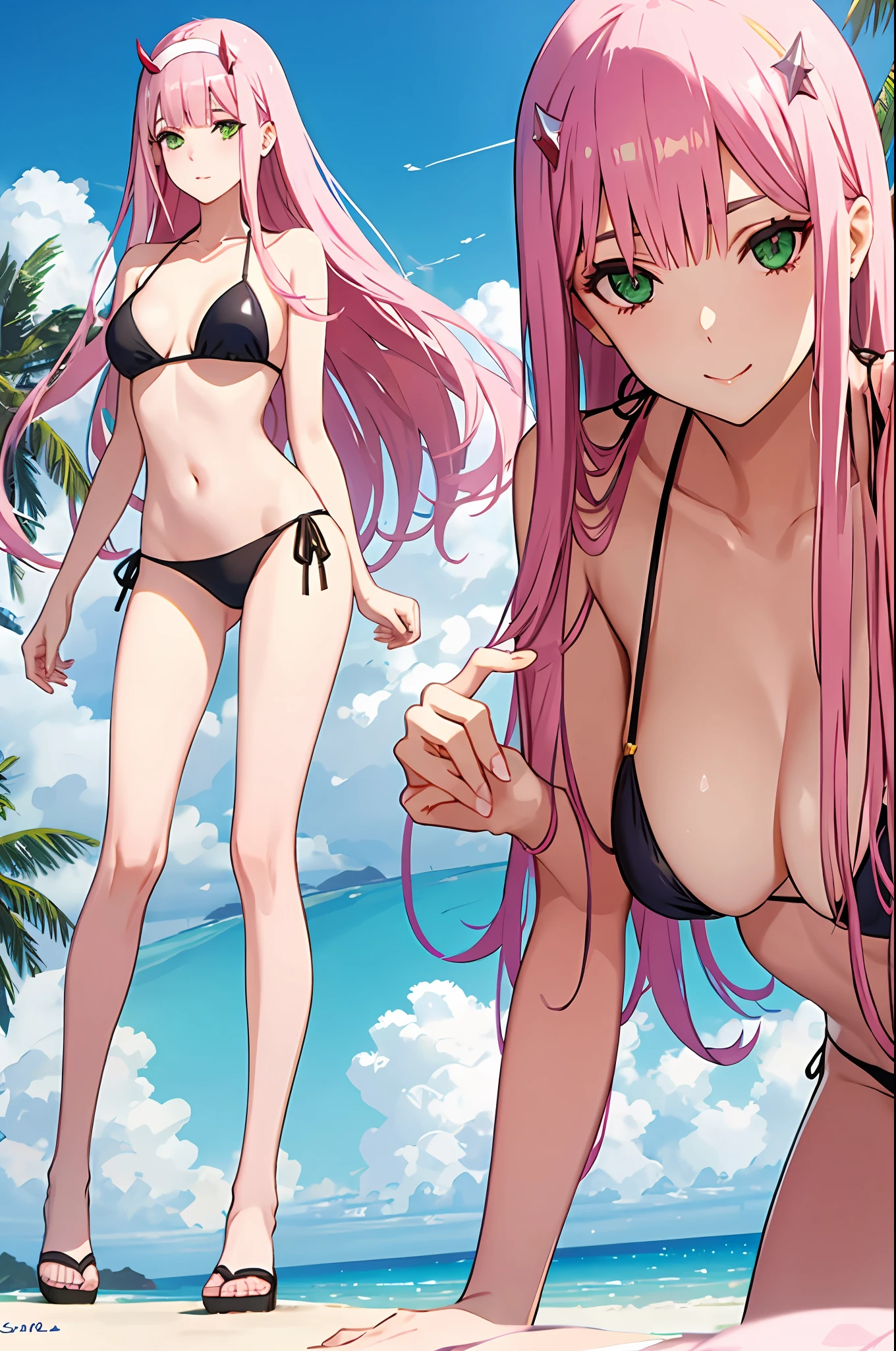 zero two, side tie bikini, medium breast, slim legs, sunny day, Beach, leaning, beautiful eyes, green eyes, nervous