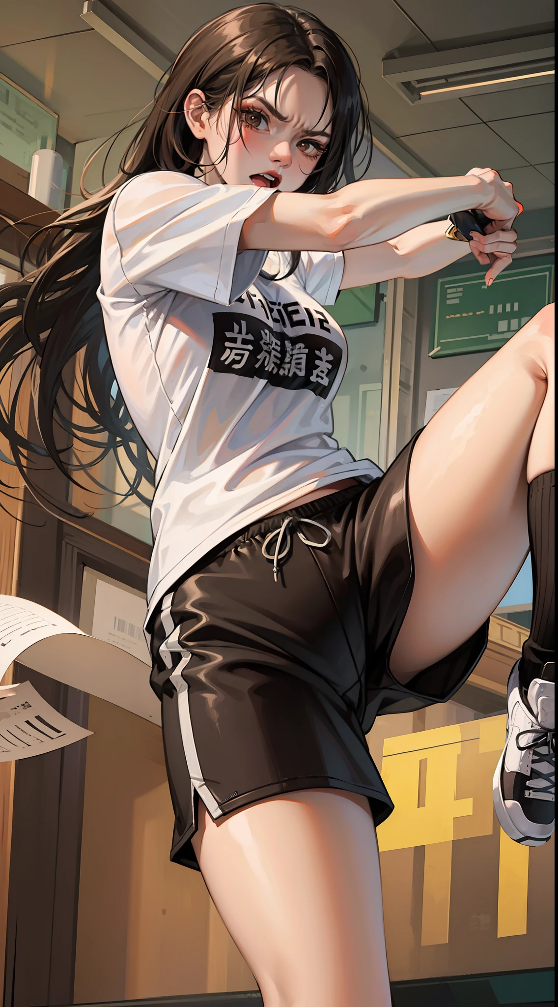 Young girl, long black hair, brown eyes, t-shirt, sports shorts, angry, fighting stance, masterpiece, high quality