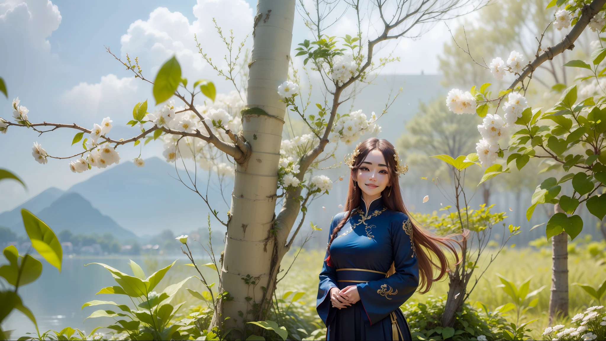 best quality, masterpiece, highres, (exquisite body:1.5),gorgeous face,(milky skin:1.3),intricate details,high resolution,wallpaper,
1girl, solo, dress, hair ornament, (((gold and red dress))), flowers, long hair, brown hair, smiling, jewelry, long sleeves, hand up, wide sleeves, big eyes,floating hair, chinese clothes, hanfu, embroidery, long skirt, natural pose, falling petals, indoor,fanning, lantern, smiling
16K,HDR,highres,depth field,(film grain:1.1),boken,golden hour,(lens flare),vignette,rainbowing,(color grading:1.5), (giữ nguyên khuôn mặt gốc)