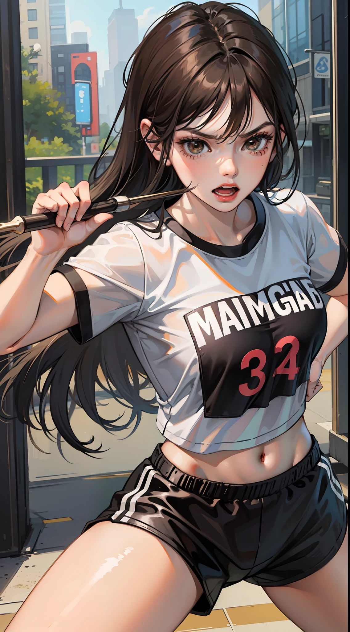 Young girl, long black hair, brown eyes, t-shirt, sports shorts, angry, fighting stance, masterpiece, high quality