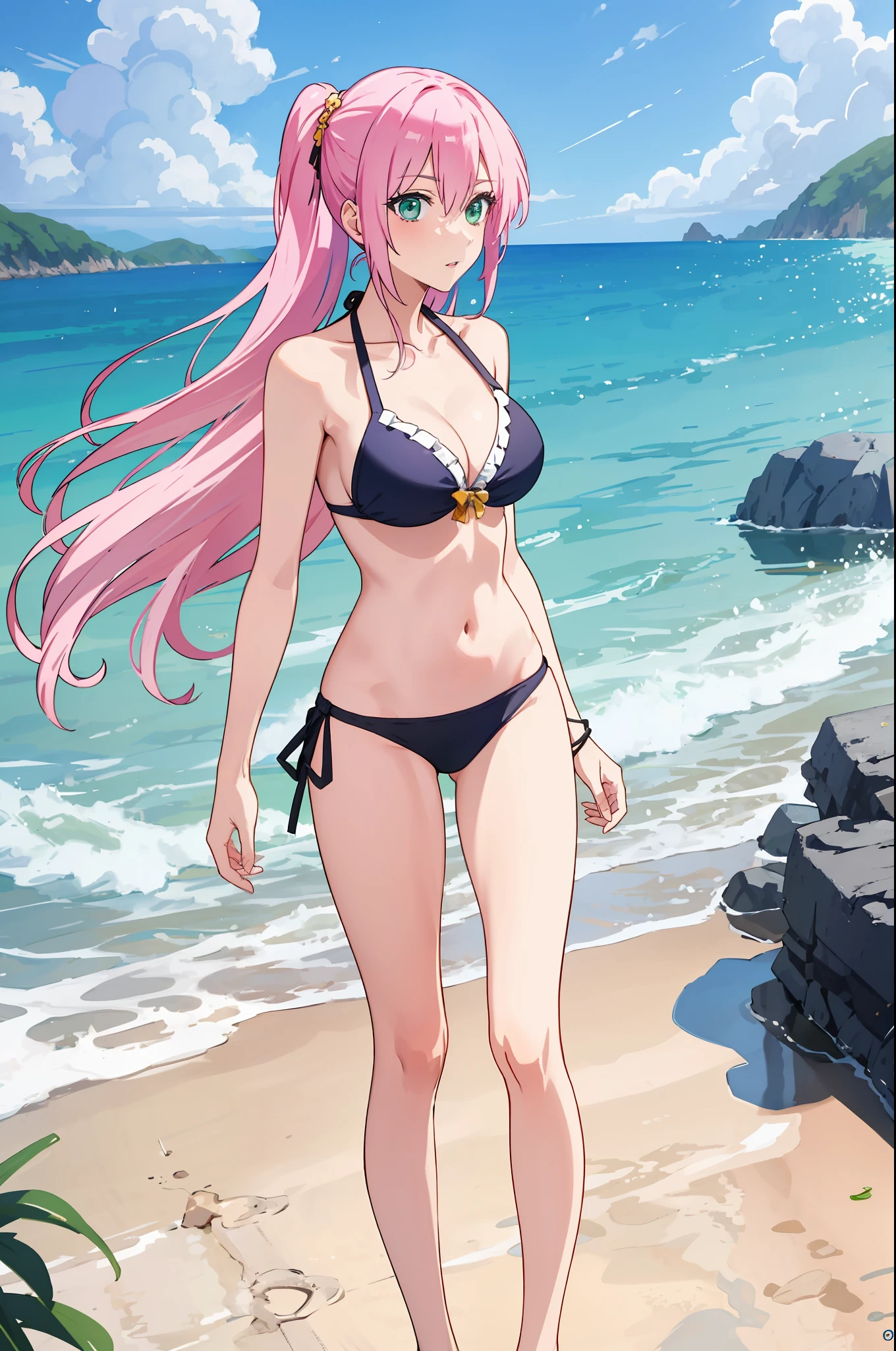 shikimori, medium breast, slim legs, , side tie bikini, sunny day, Beach, standing, beautiful eyes, green eyes, nervous