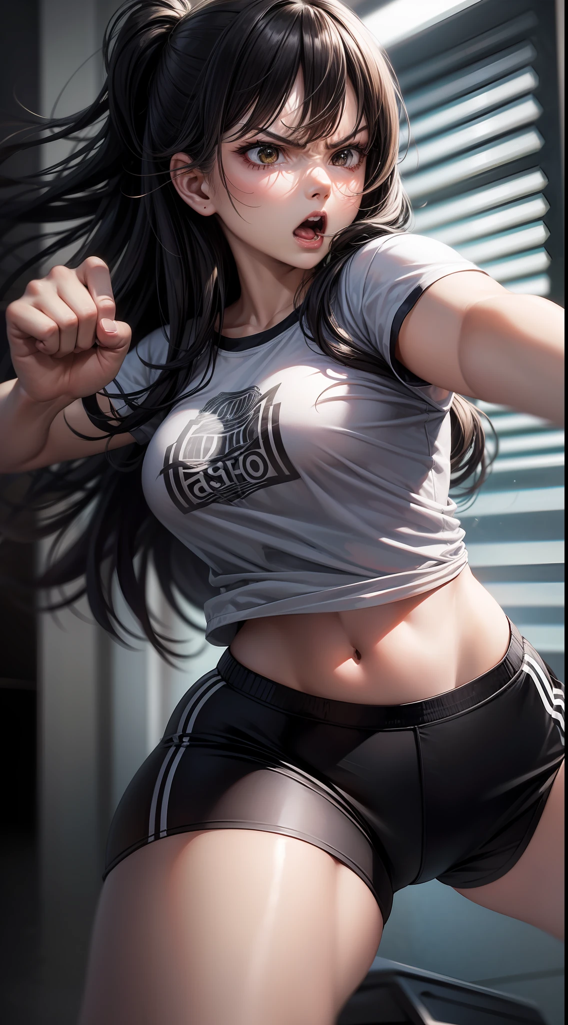 Young girl, long black hair, brown eyes, t-shirt, sports shorts, angry, fighting stance, masterpiece, high quality