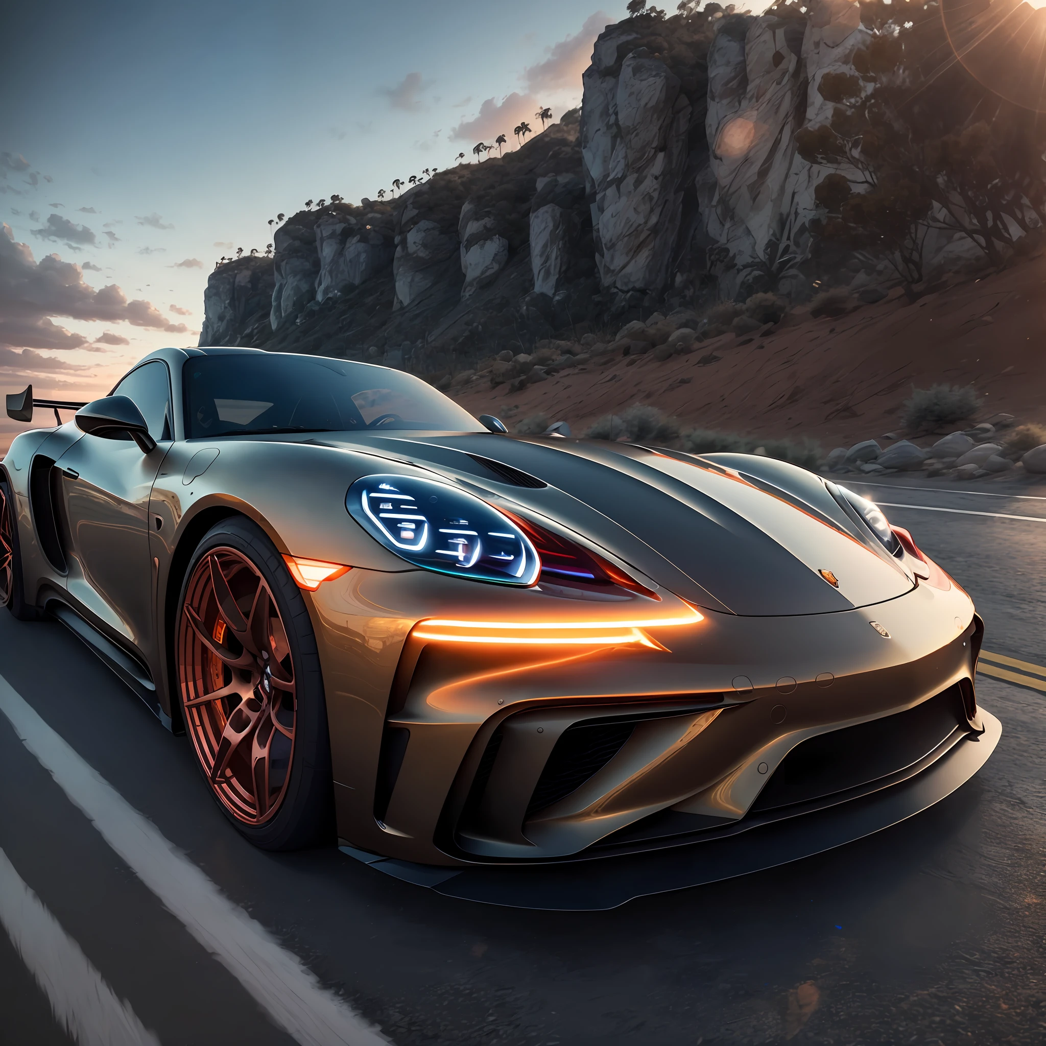 photo of a copper and carbon fiber supercar [2022 Porsche GT], 8k uhd, high quality, road on the coast, sunset, motion blur, depth blur, cinematic, filmic image 4k, 8k with [Beverly hills or Miami vibe]. The image should be [ultra-realistic], with [high-resolution] captured in [natural light]. The lighting should create [soft shadows] and showcase the [raw] and [vibrant colors] --auto
