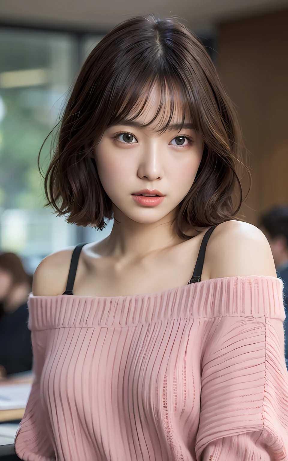 Highly detailed CG Unity 8k wallpaper, top quality, super detailed, masterpiece, realistic, photorealistic, highly detailed cute girl, 25 years old,  (secretary), blush,  parted lips, round eyes, medium breasts, viewer, half body shot  , off-shoulder sweater , office , crowd , bob cut
