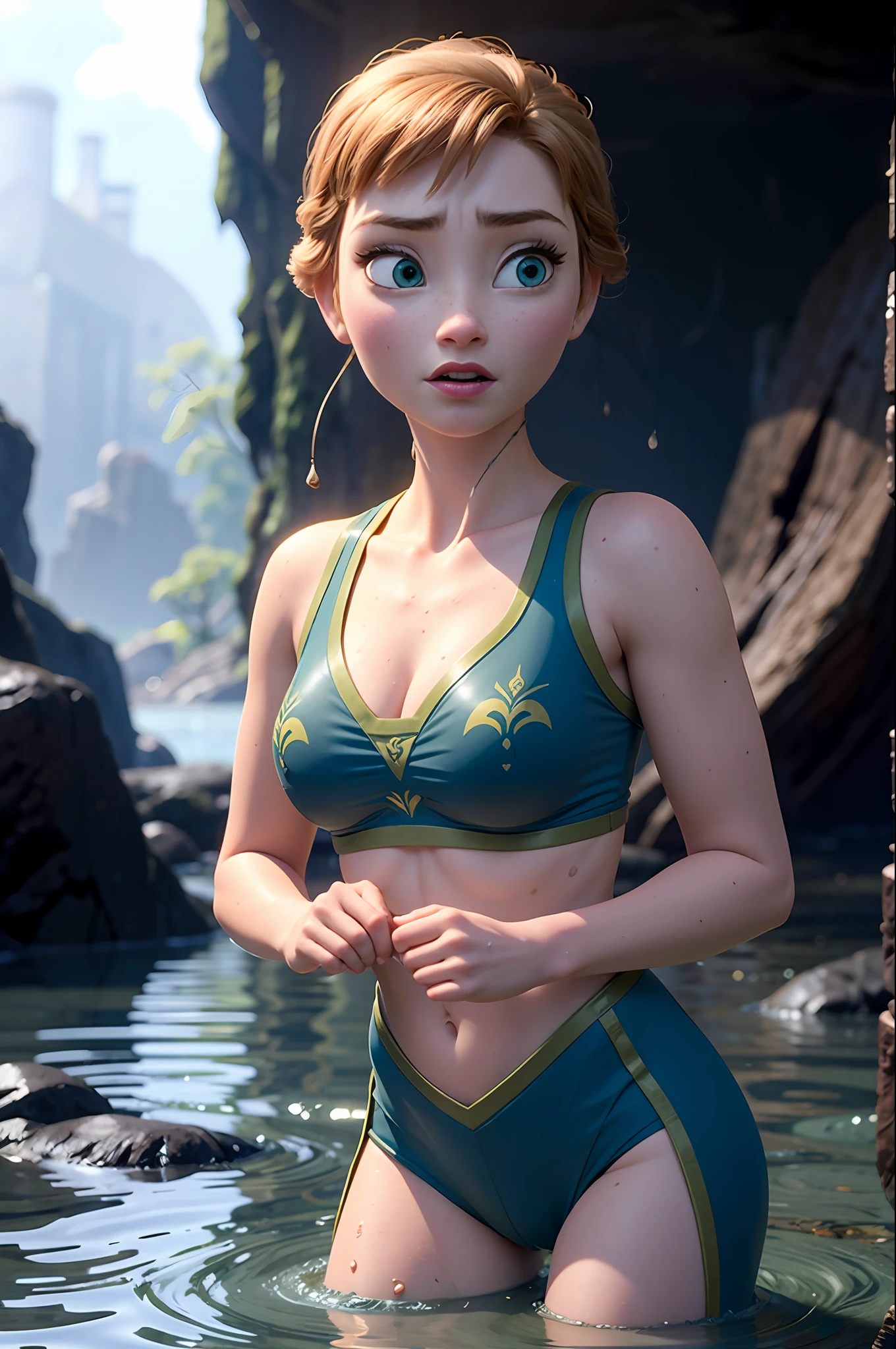 Photo of Anna of Arendelle wearing Blue gym outfit,  immobilized in the air by tentacles, in a scary flooded cavern , not enjoying herself, sad look, ashamed, close-up, some slime spills on her breasts