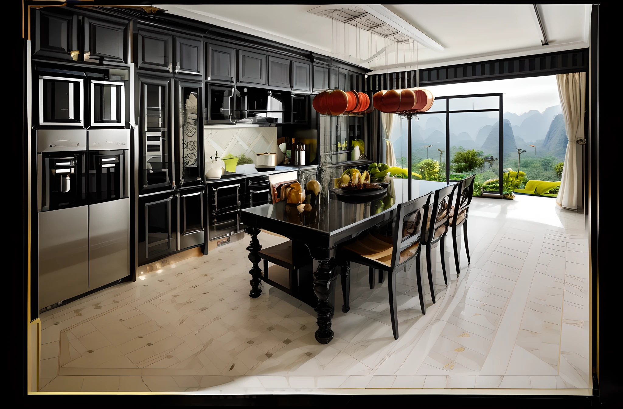 (indochina design kitchen and eating space:1.3), (full black funiture :1.3) (photo realisstic:1.2), (supper detail:1.2) indochine style