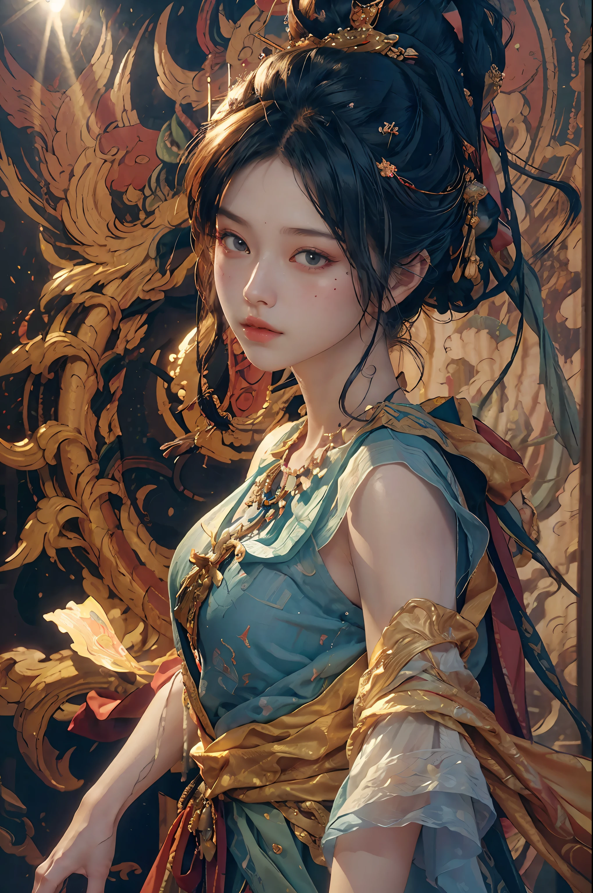 (RAW photo, best quality), (realistic, photo-realistic:1.3),best quality,highly detailed,masterpiece,ultra-detailed,illustration,1girl,upper_body,dynamic angle,world masterpiece theater,messy_long_hair,best quality,extremely detailed CG unity 8k wallpaper,ink,Amazing,cinematic lighting,lens_flare, dunhuang_style